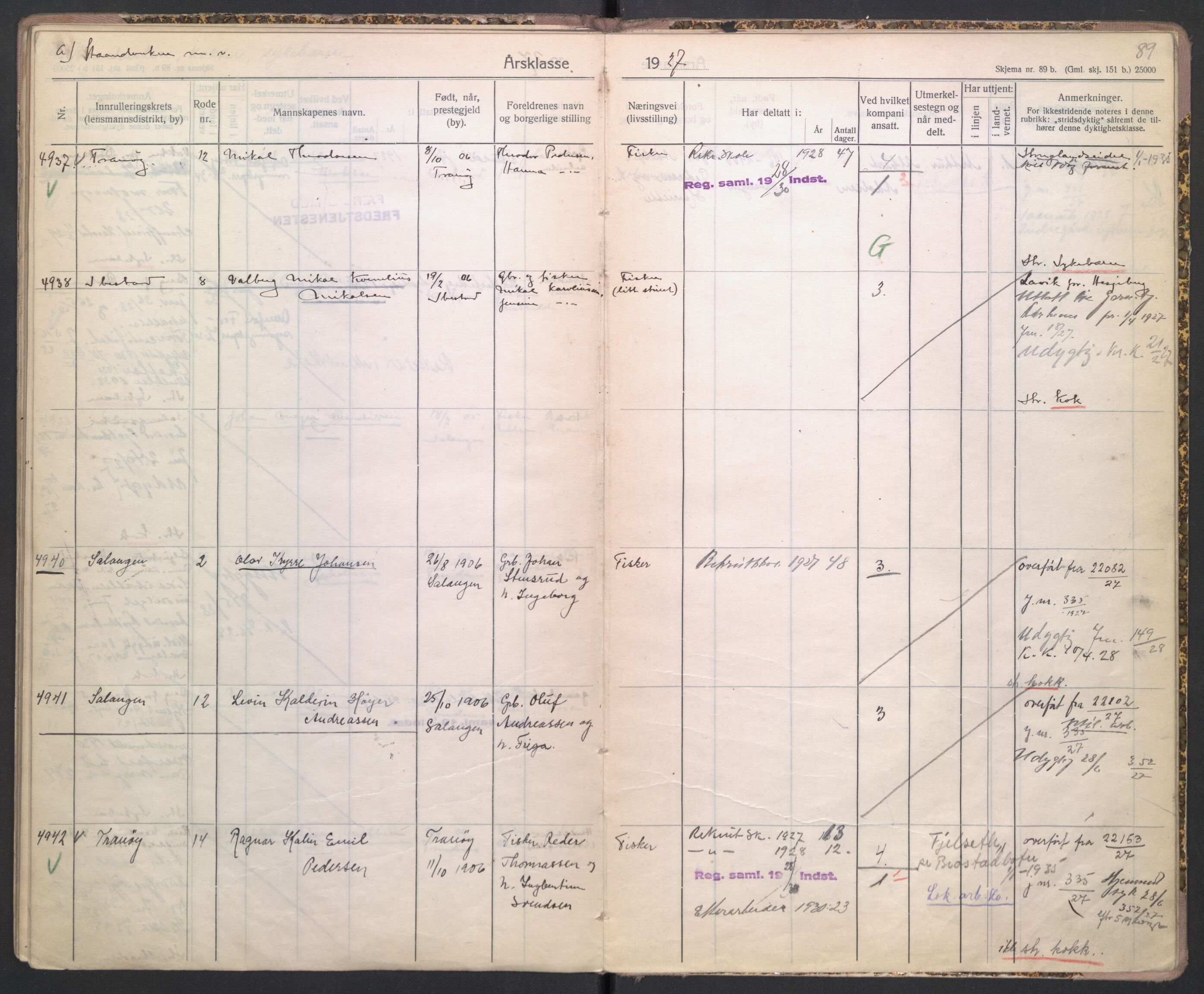 Forsvaret, Troms infanteriregiment nr. 16, AV/RA-RAFA-3146/P/Pa/L0004/0003: Ruller / Rulle for Trondenes bataljons menige mannskaper, årsklasse 1927, 1927, p. 89