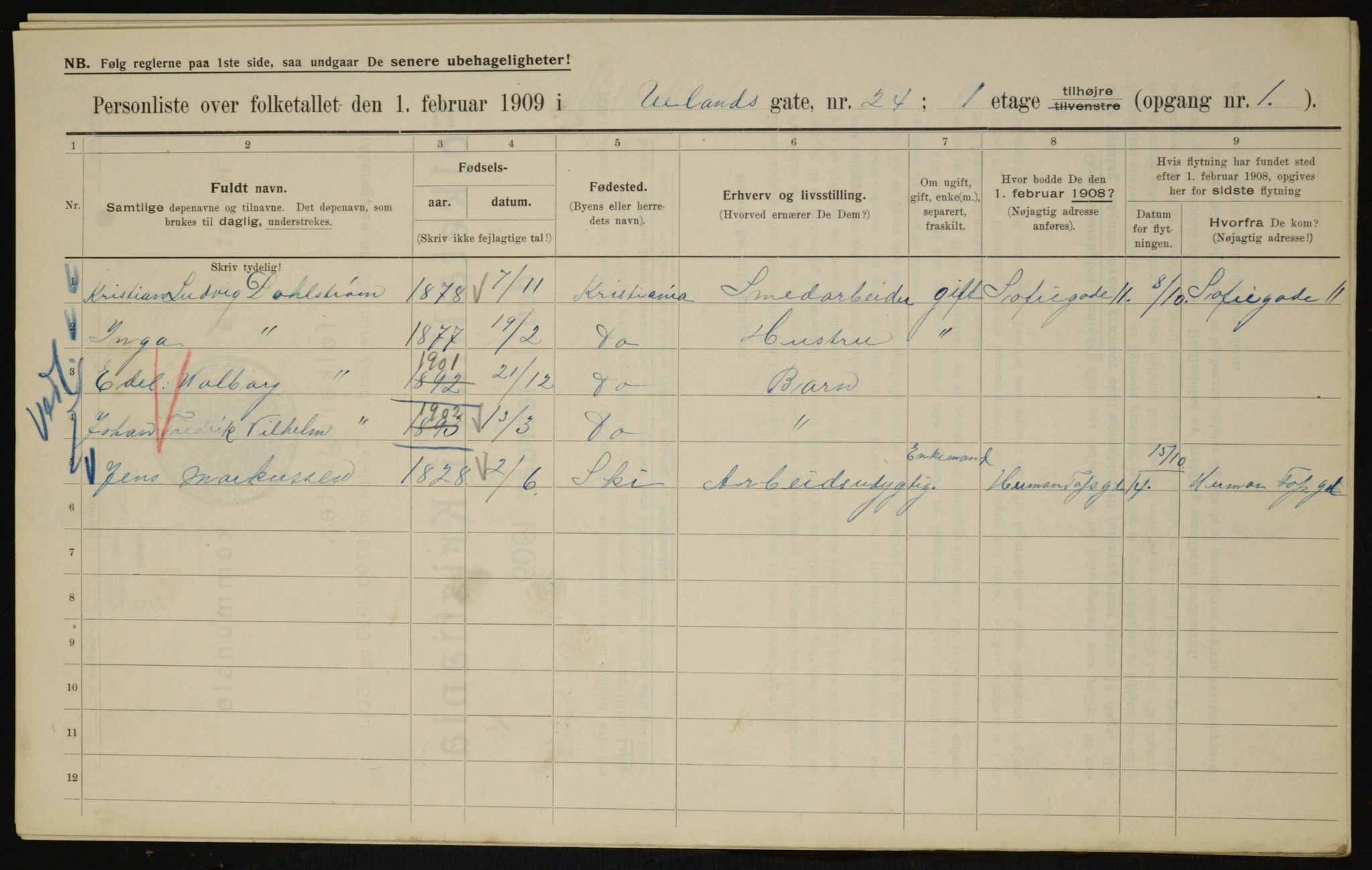 OBA, Municipal Census 1909 for Kristiania, 1909, p. 107598