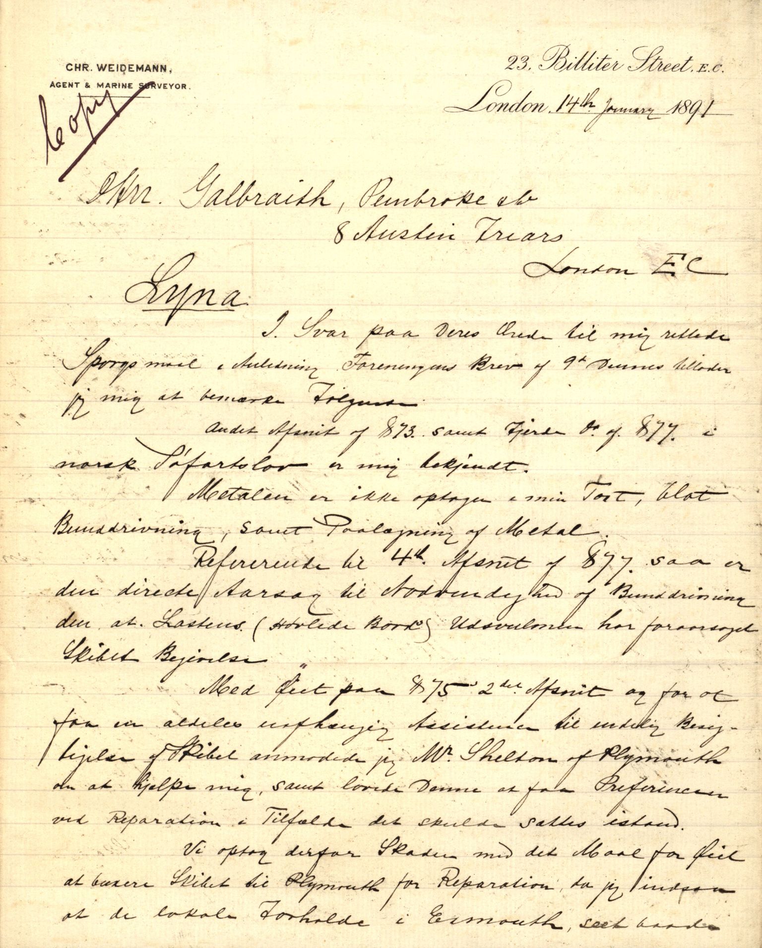 Pa 63 - Østlandske skibsassuranceforening, VEMU/A-1079/G/Ga/L0025/0005: Havaridokumenter / Jacbez, Brin, Eugenie, Lyna, Løvspring, Hurtig, 1890, p. 82