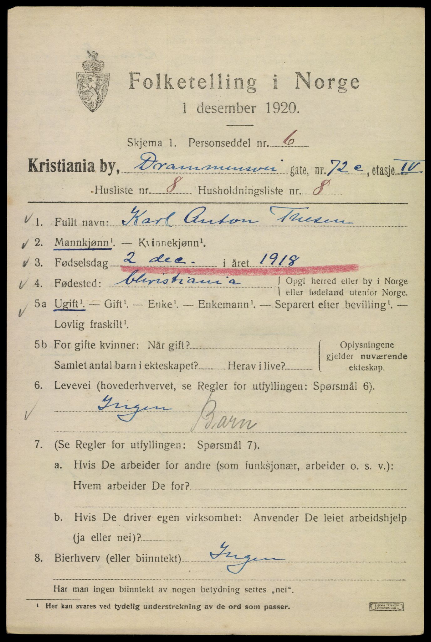 SAO, 1920 census for Kristiania, 1920, p. 202445