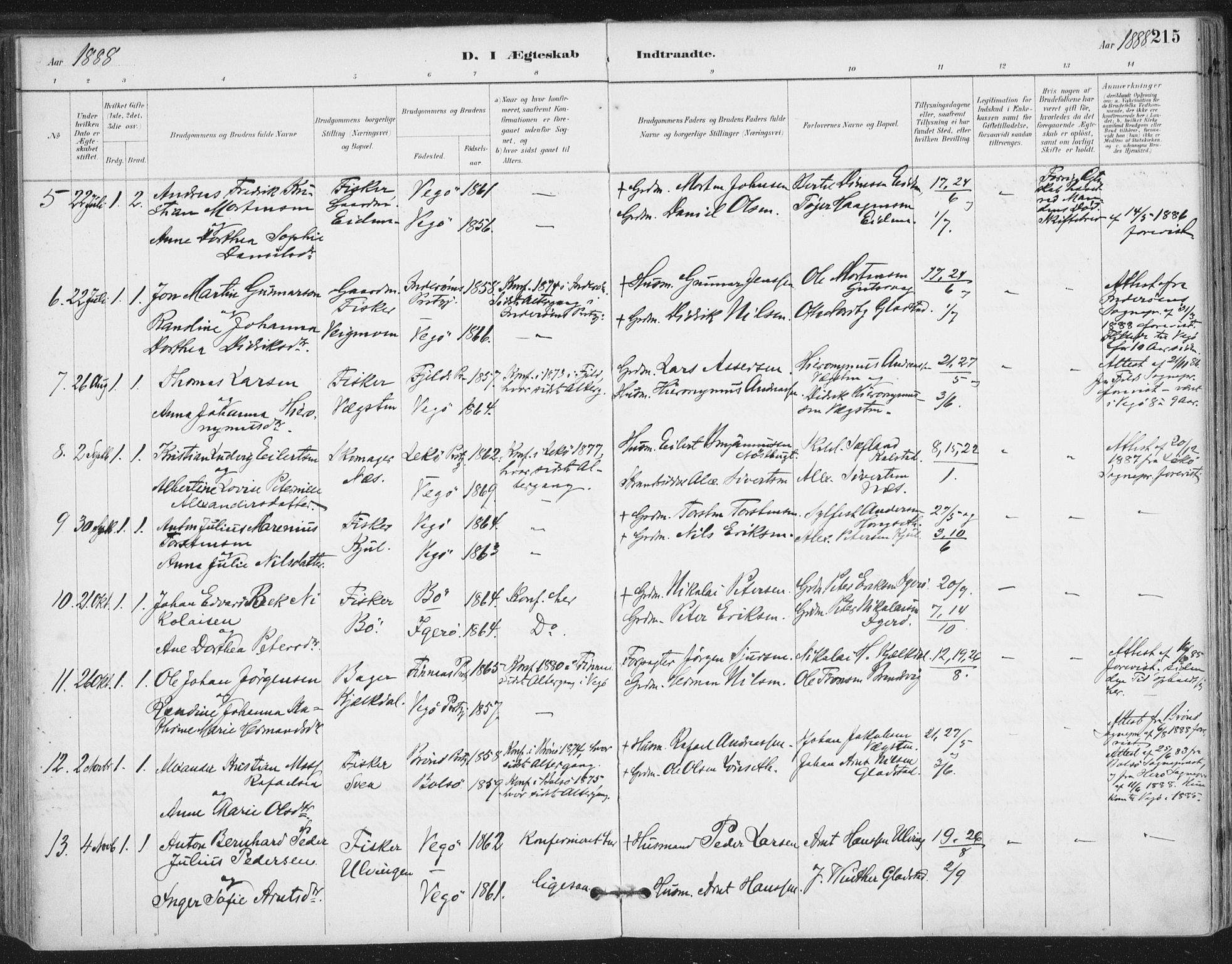 Ministerialprotokoller, klokkerbøker og fødselsregistre - Nordland, AV/SAT-A-1459/816/L0244: Parish register (official) no. 816A10, 1886-1903, p. 215