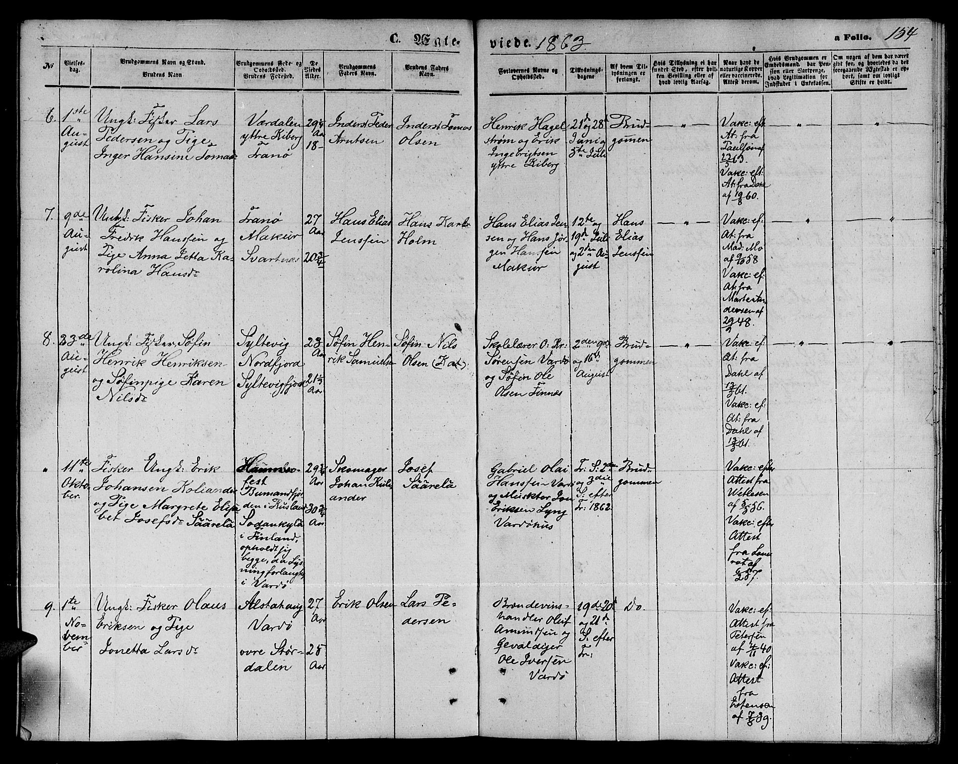 Vardø sokneprestkontor, AV/SATØ-S-1332/H/Hb/L0002klokker: Parish register (copy) no. 2, 1861-1870, p. 154