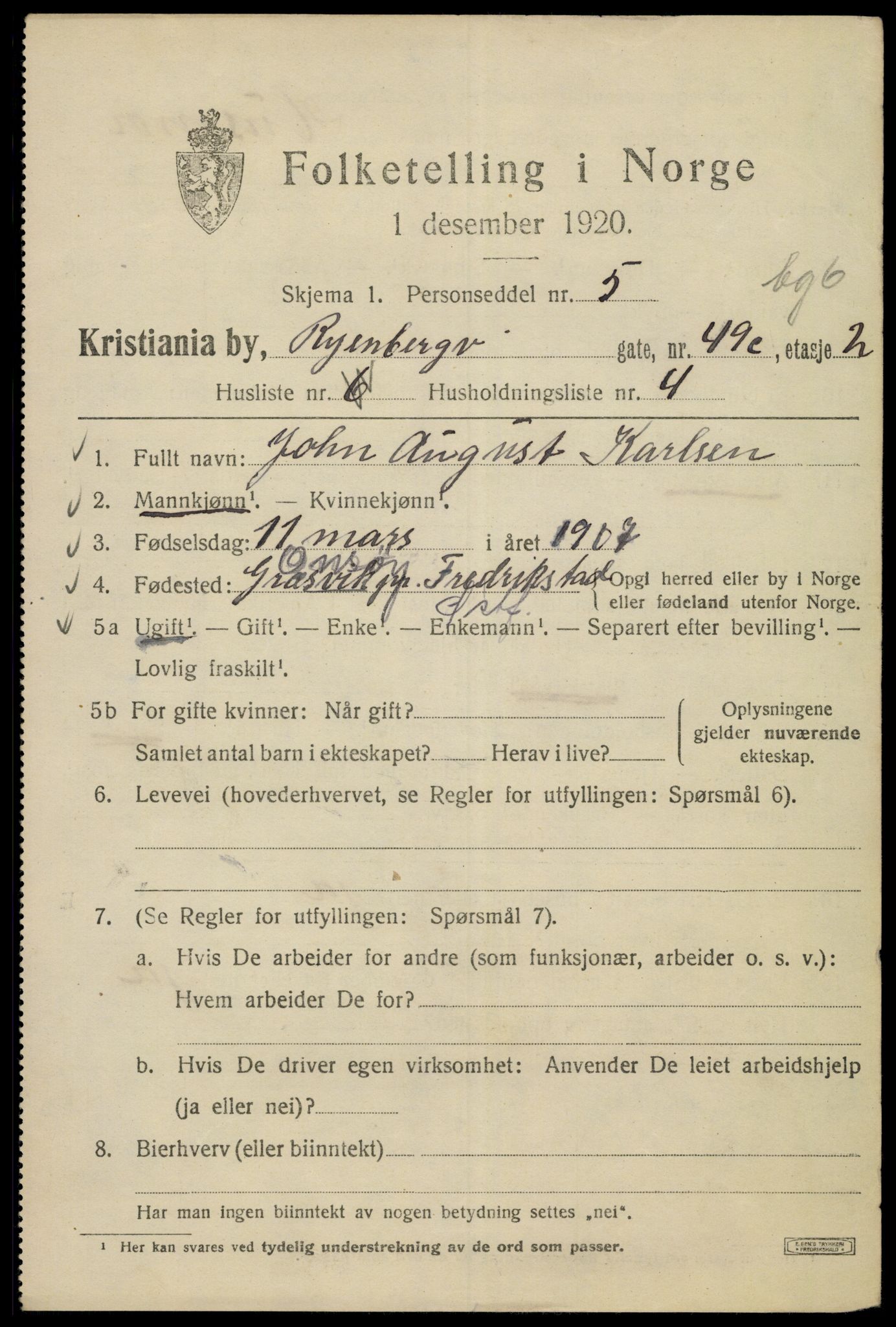 SAO, 1920 census for Kristiania, 1920, p. 476205