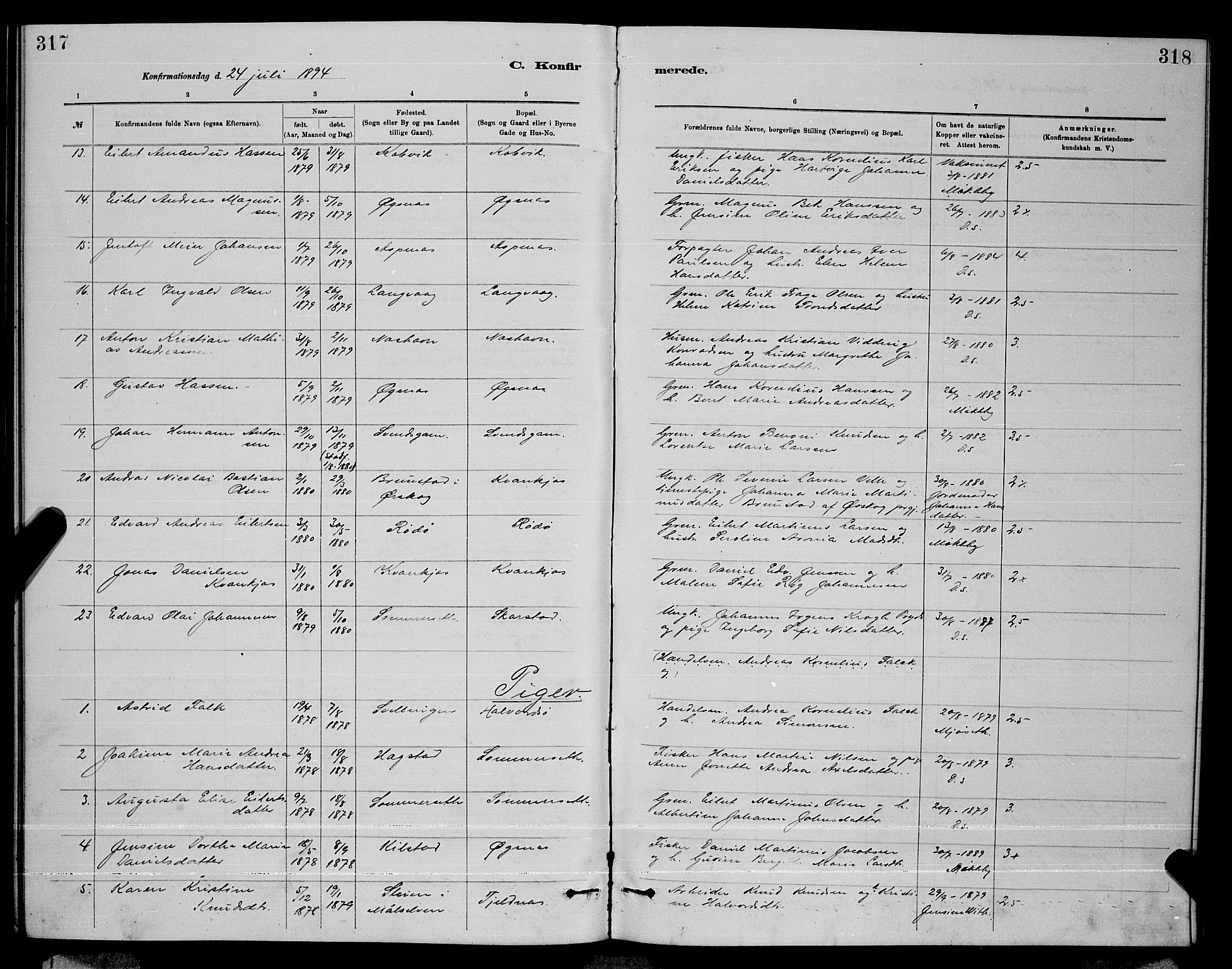 Ministerialprotokoller, klokkerbøker og fødselsregistre - Nordland, AV/SAT-A-1459/872/L1047: Parish register (copy) no. 872C03, 1880-1897, p. 317-318