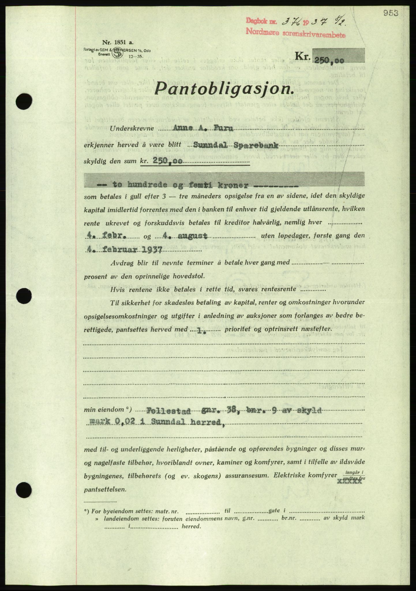 Nordmøre sorenskriveri, AV/SAT-A-4132/1/2/2Ca/L0090: Mortgage book no. B80, 1936-1937, Diary no: : 376/1937