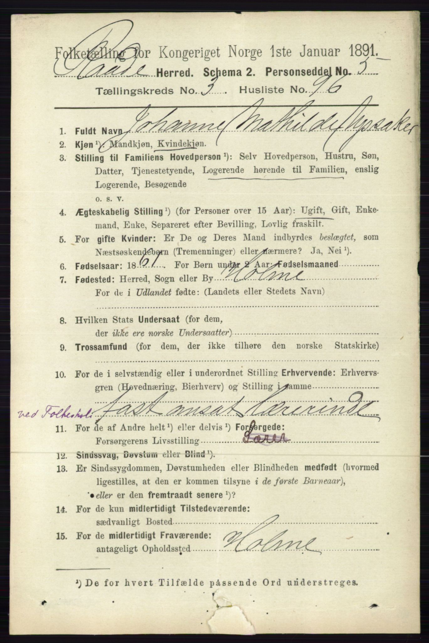 RA, 1891 census for 0135 Råde, 1891, p. 1735