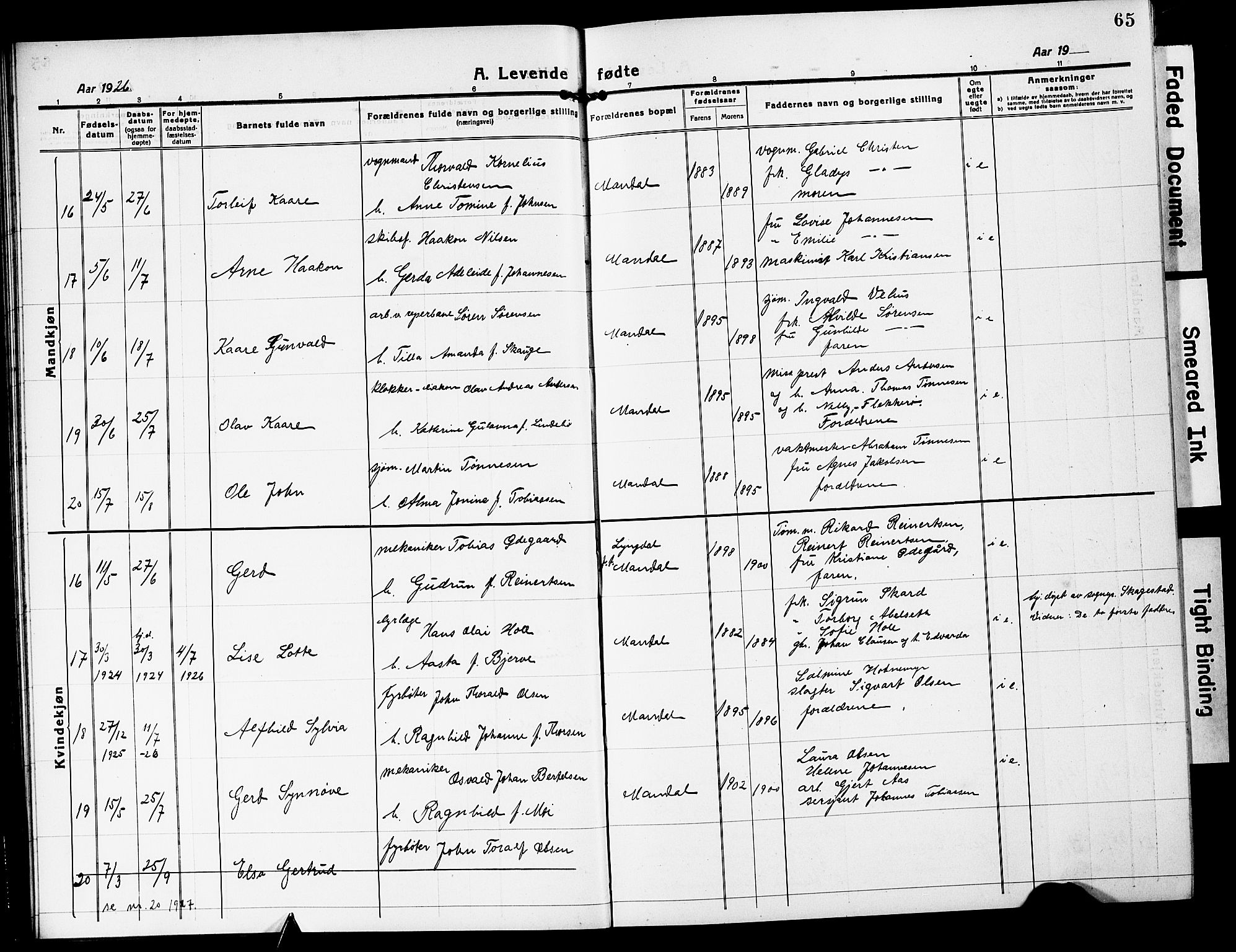 Mandal sokneprestkontor, AV/SAK-1111-0030/F/Fb/Fbc/L0001: Parish register (copy) no. B 1, 1918-1931, p. 65