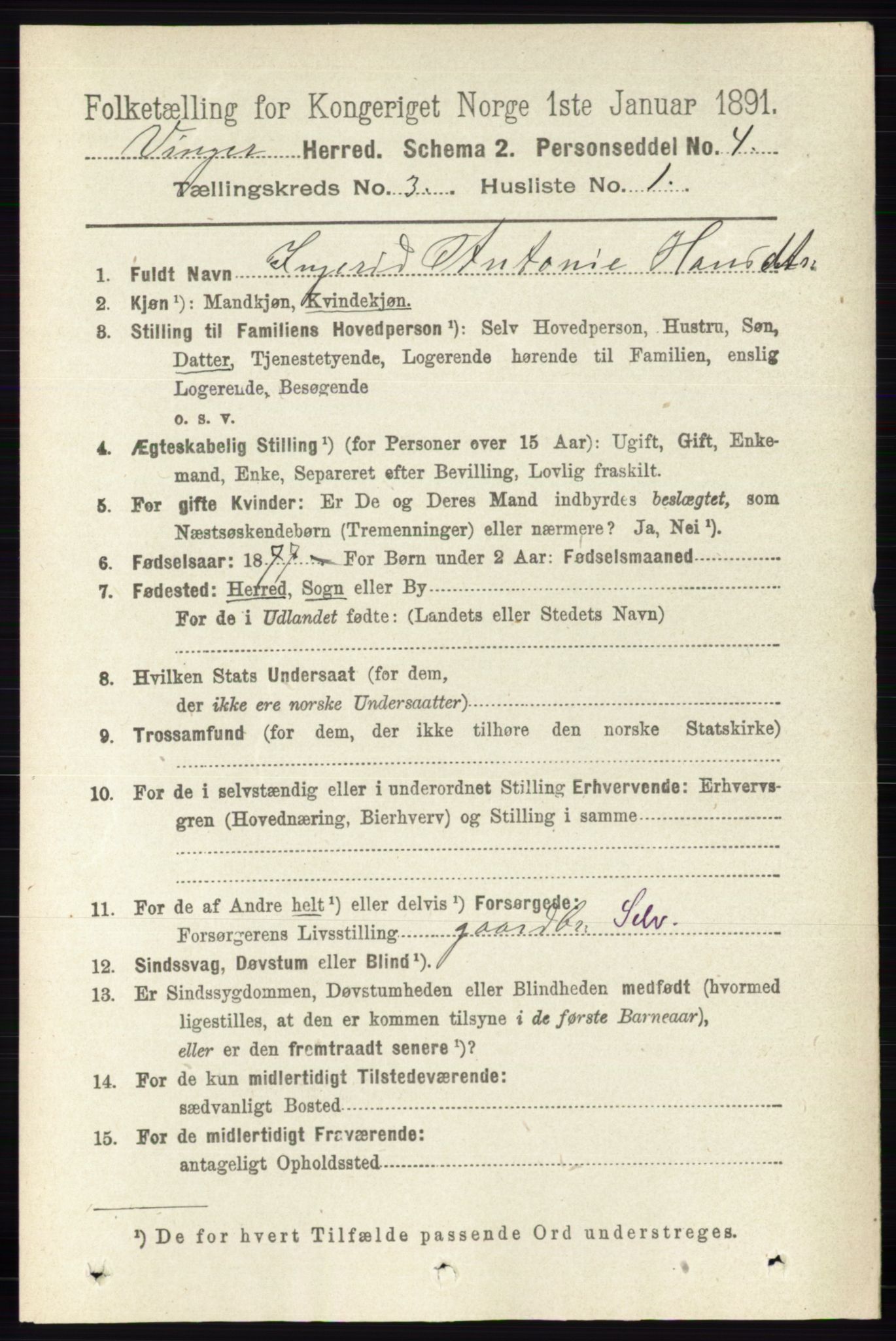 RA, 1891 census for 0421 Vinger, 1891, p. 897