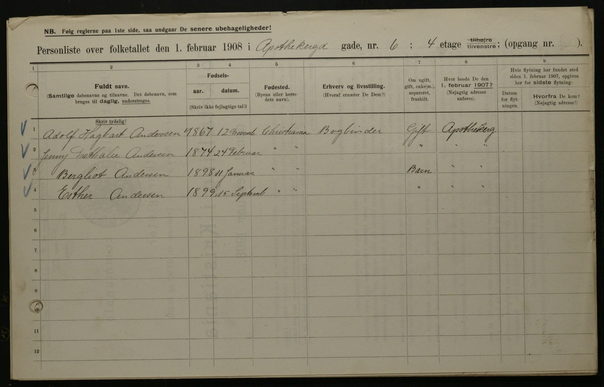 OBA, Municipal Census 1908 for Kristiania, 1908, p. 1587