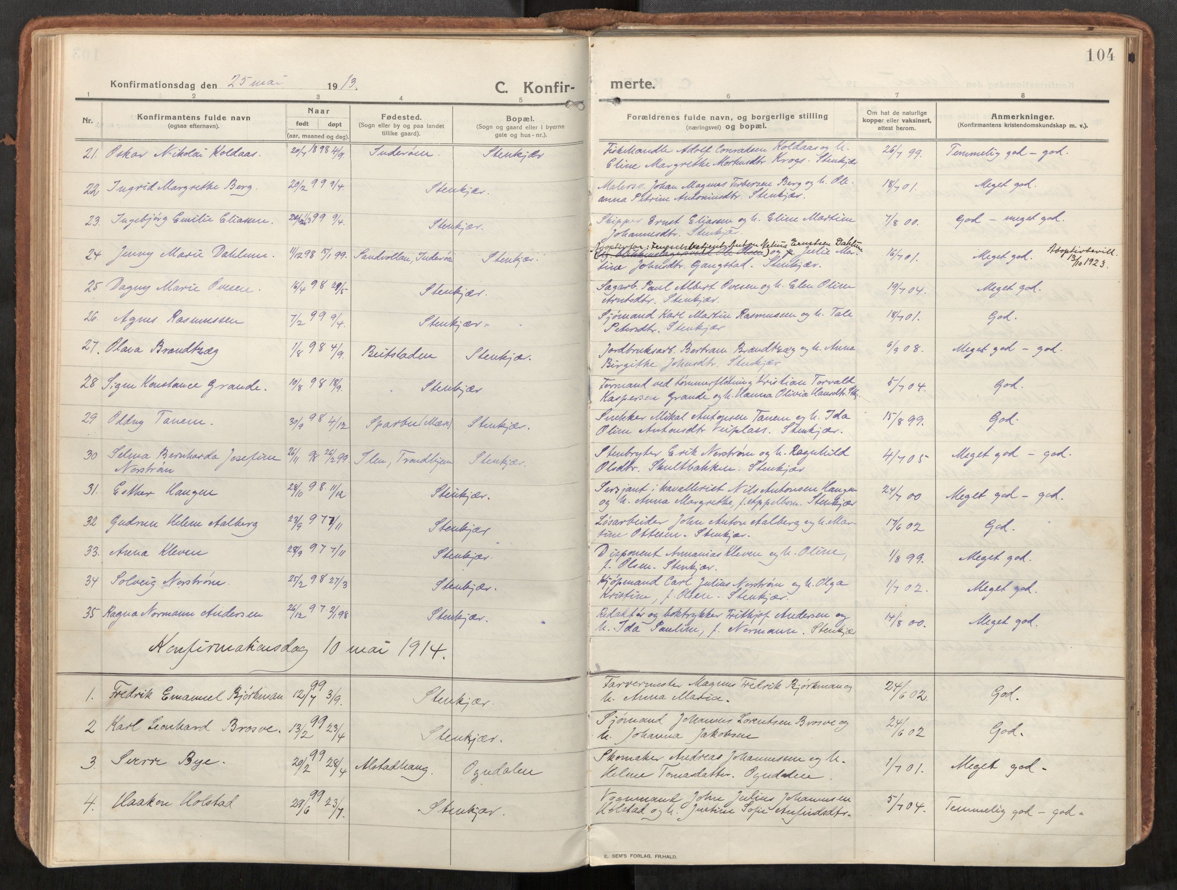 Steinkjer sokneprestkontor, SAT/A-1541/01/H/Ha/Haa/L0003: Parish register (official) no. 3, 1913-1922, p. 104