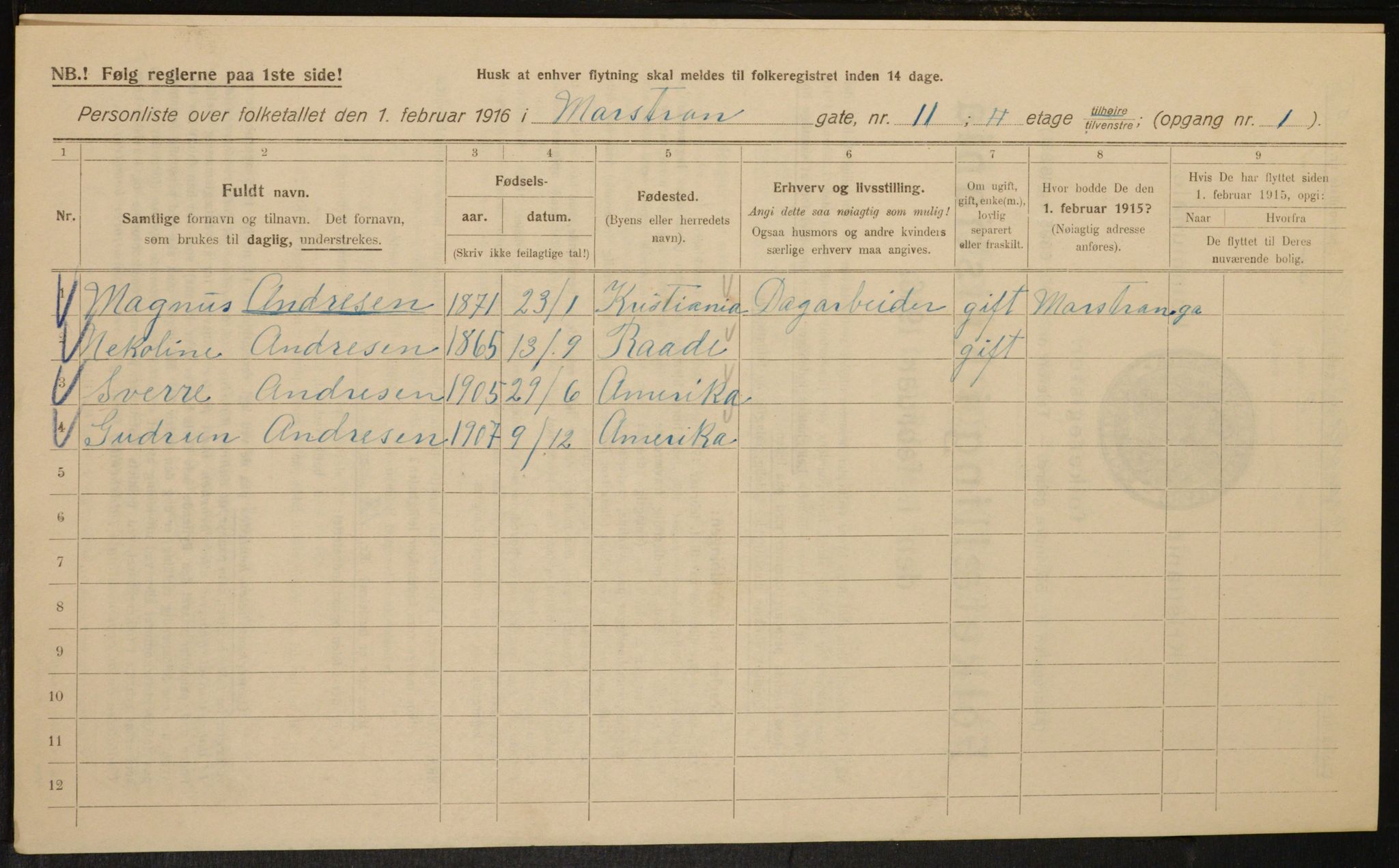 OBA, Municipal Census 1916 for Kristiania, 1916, p. 66371