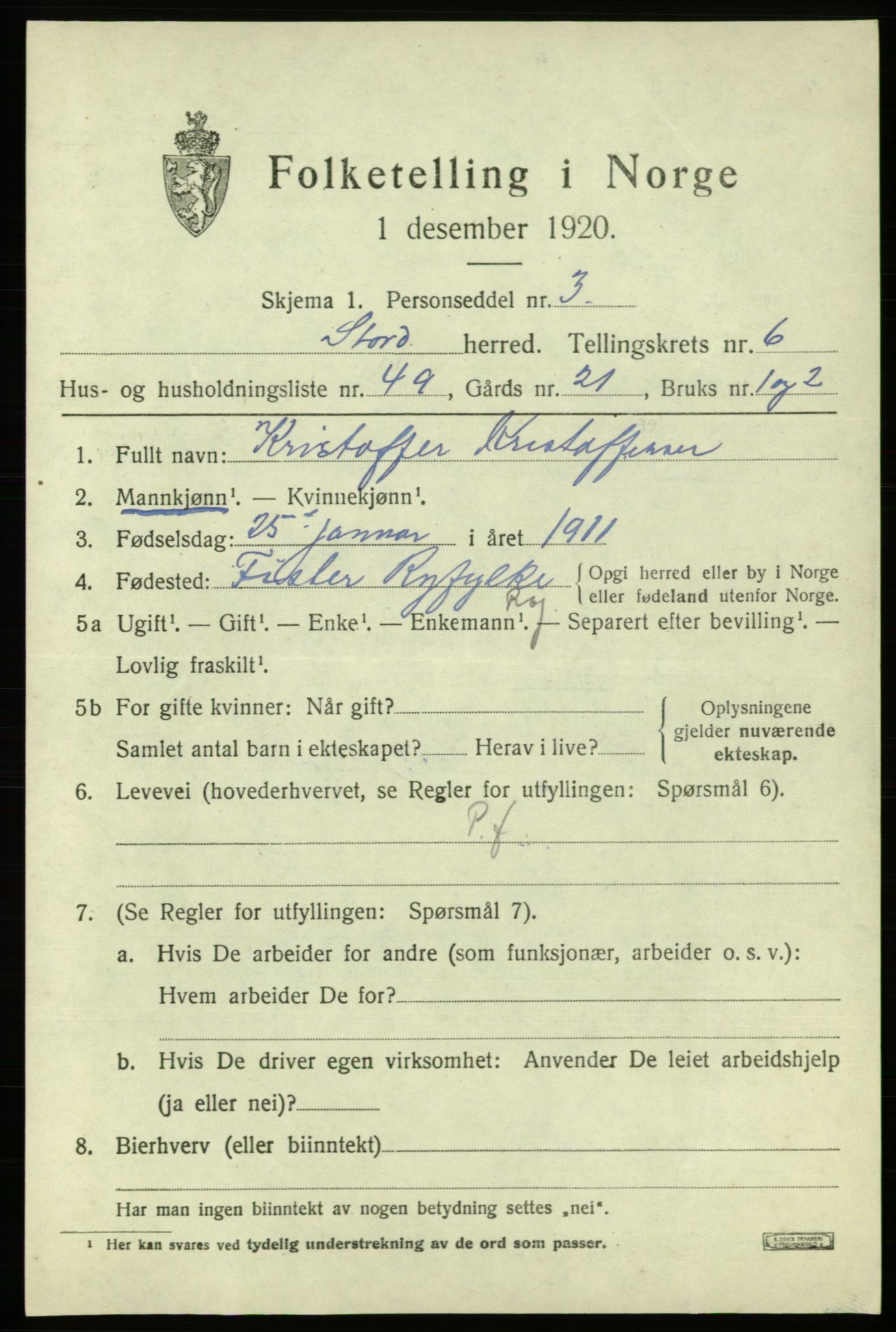 SAB, 1920 census for Stord, 1920, p. 3075