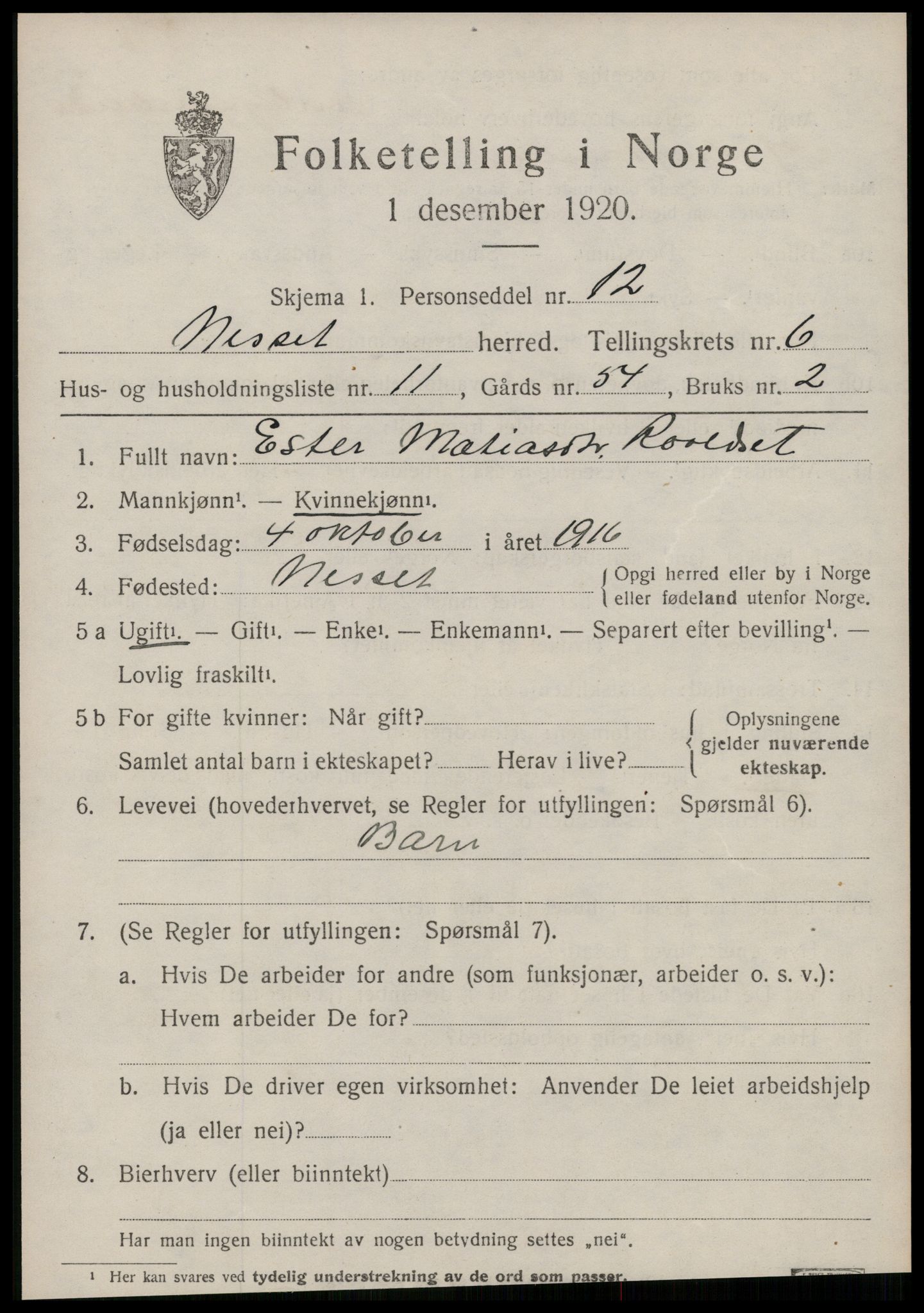 SAT, 1920 census for Nesset, 1920, p. 2908