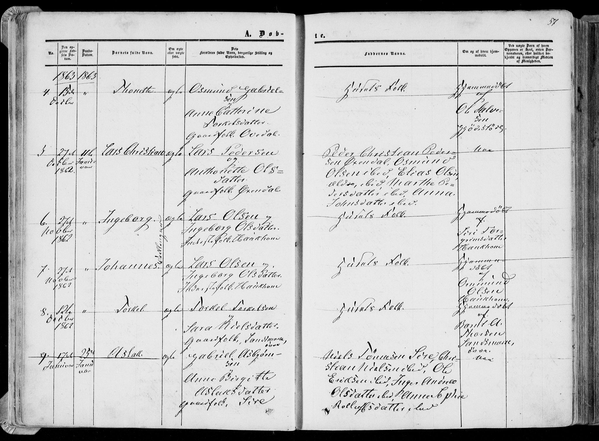 Bakke sokneprestkontor, AV/SAK-1111-0002/F/Fa/Faa/L0006: Parish register (official) no. A 6, 1855-1877, p. 57