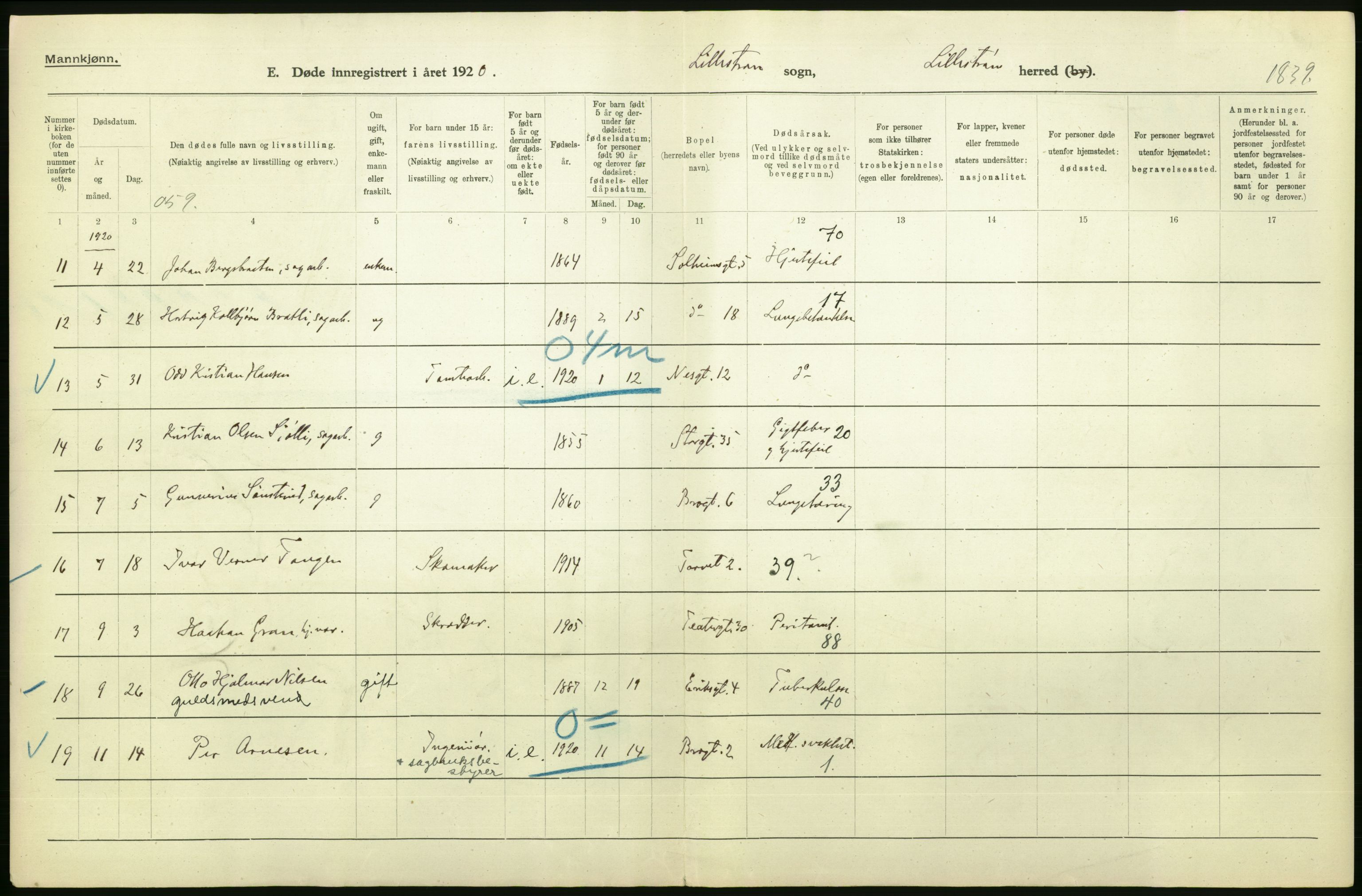 Statistisk sentralbyrå, Sosiodemografiske emner, Befolkning, AV/RA-S-2228/D/Df/Dfb/Dfbj/L0007: Akershus fylke: Døde. Bygder og byer., 1920, p. 178