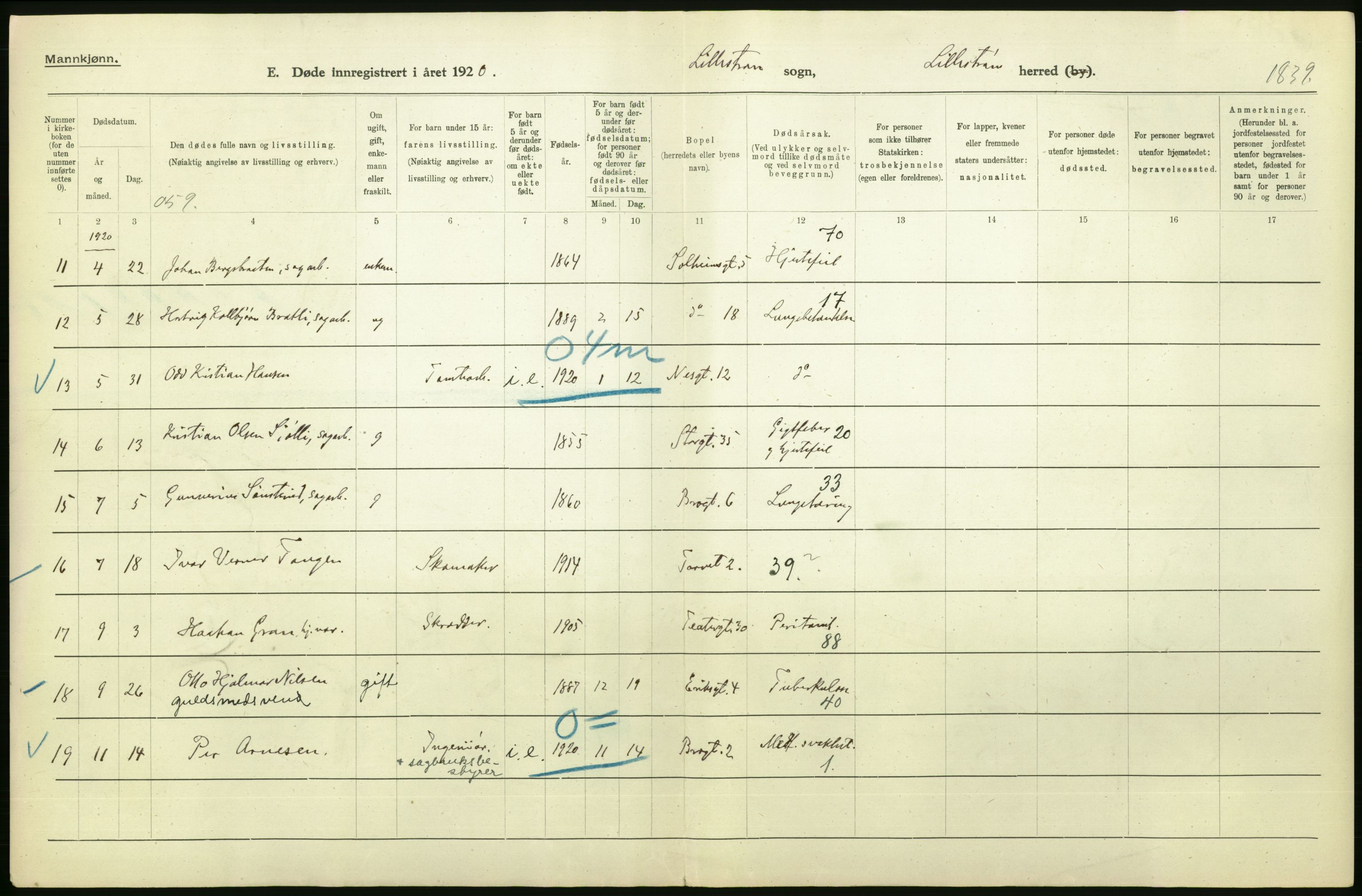 Statistisk sentralbyrå, Sosiodemografiske emner, Befolkning, RA/S-2228/D/Df/Dfb/Dfbj/L0007: Akershus fylke: Døde. Bygder og byer., 1920, p. 178