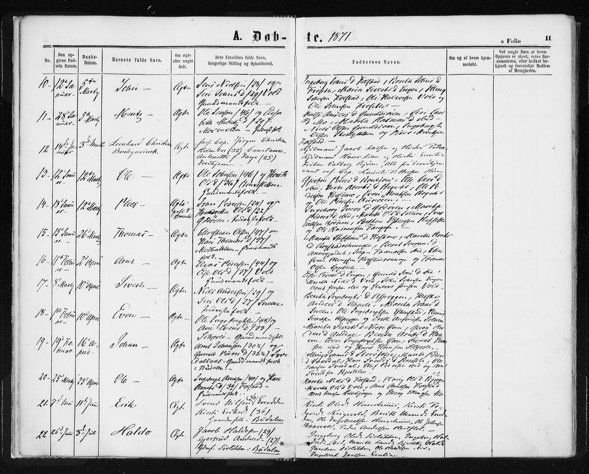 Ministerialprotokoller, klokkerbøker og fødselsregistre - Sør-Trøndelag, SAT/A-1456/687/L1001: Parish register (official) no. 687A07, 1863-1878, p. 11