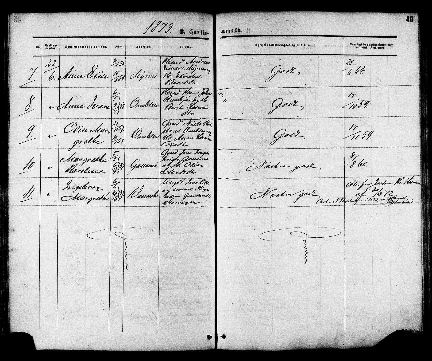 Ministerialprotokoller, klokkerbøker og fødselsregistre - Nord-Trøndelag, AV/SAT-A-1458/764/L0553: Parish register (official) no. 764A08, 1858-1880, p. 46