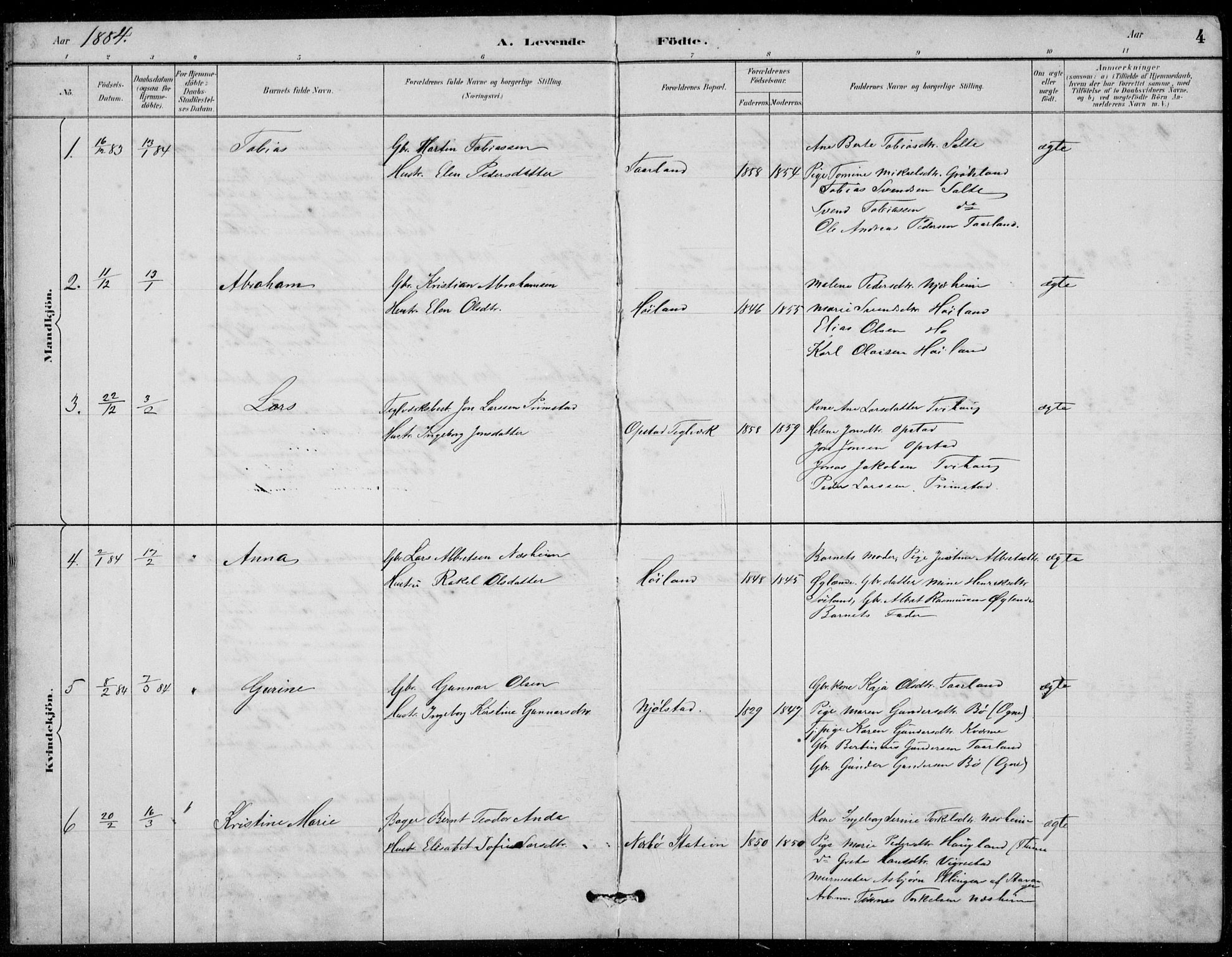 Hå sokneprestkontor, AV/SAST-A-101801/001/30BB/L0003: Parish register (copy) no. B 3, 1883-1894, p. 4