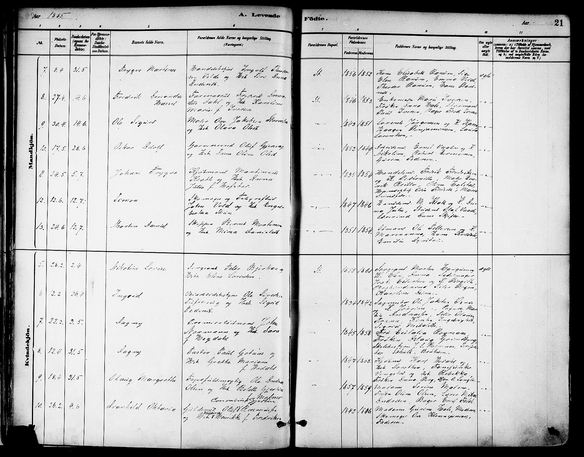 Ministerialprotokoller, klokkerbøker og fødselsregistre - Nord-Trøndelag, AV/SAT-A-1458/739/L0371: Parish register (official) no. 739A03, 1881-1895, p. 21