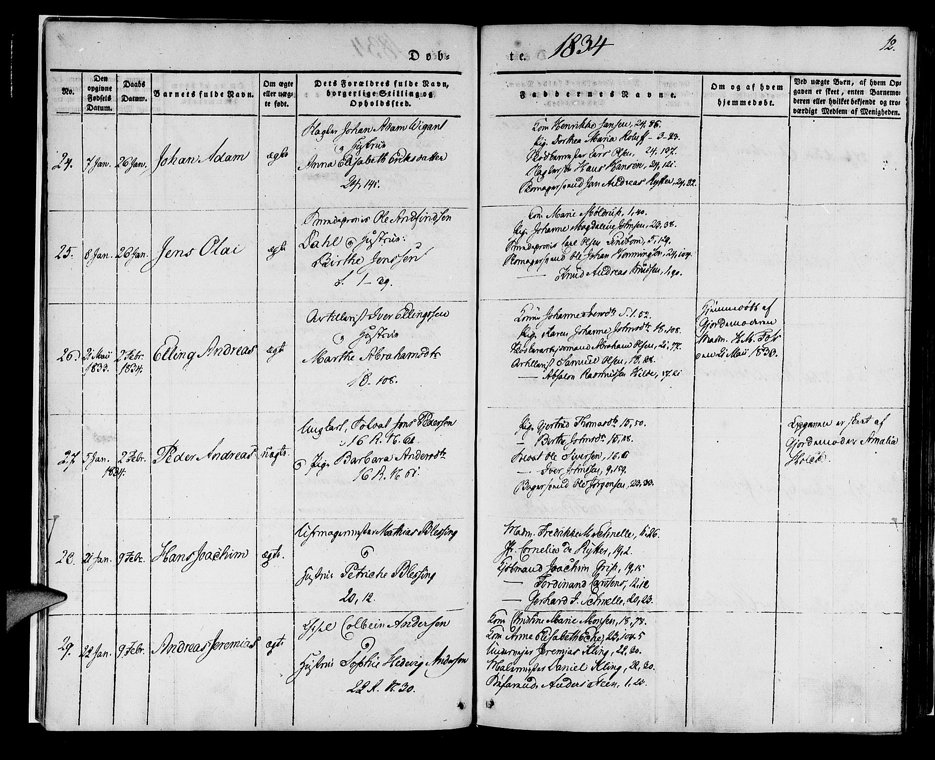 Korskirken sokneprestembete, AV/SAB-A-76101/H/Haa/L0015: Parish register (official) no. B 1, 1833-1841, p. 12