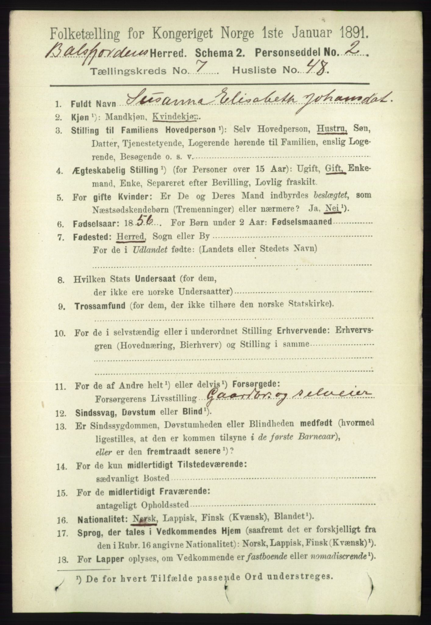 RA, 1891 census for 1933 Balsfjord, 1891, p. 2353