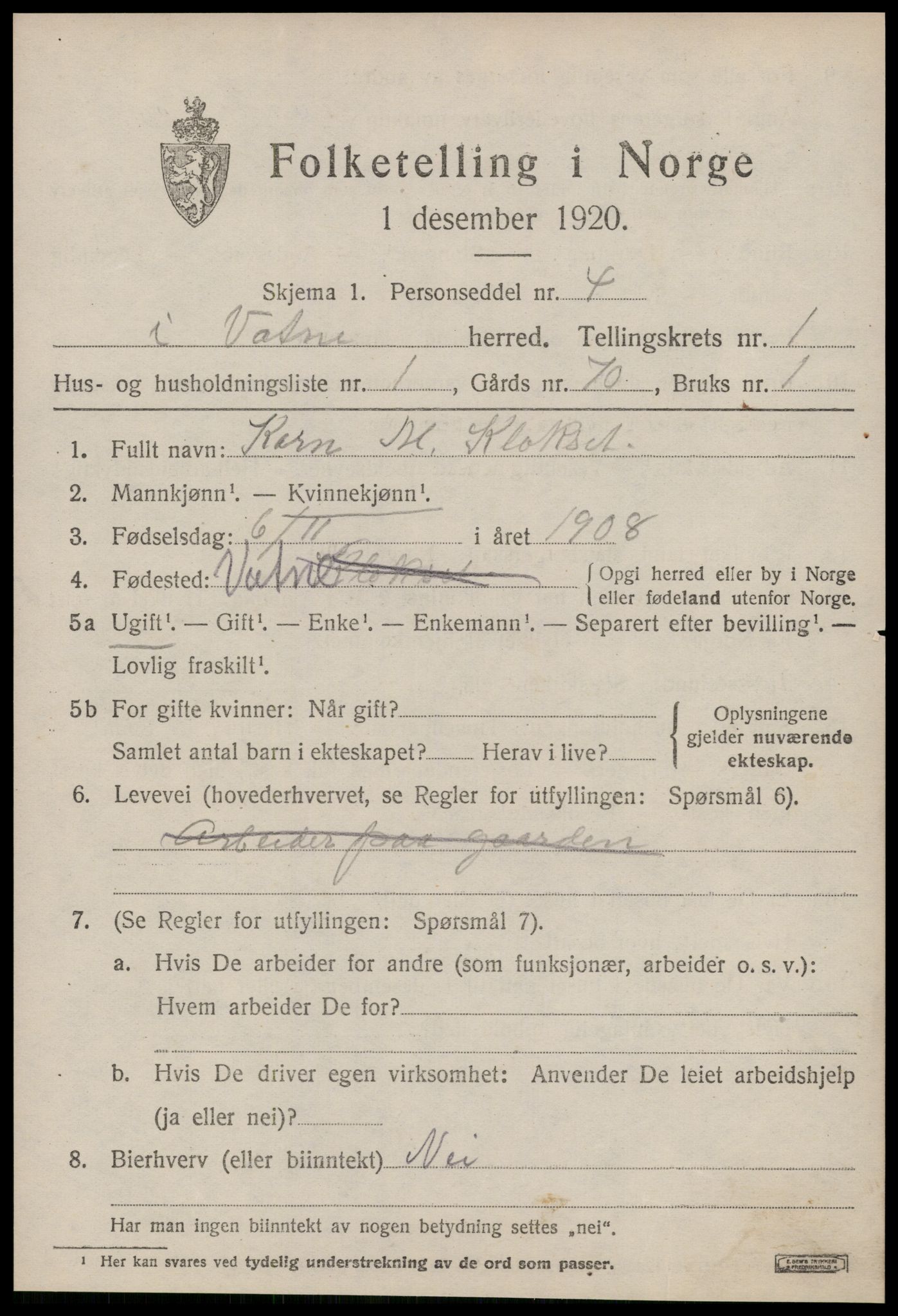 SAT, 1920 census for Vatne, 1920, p. 582