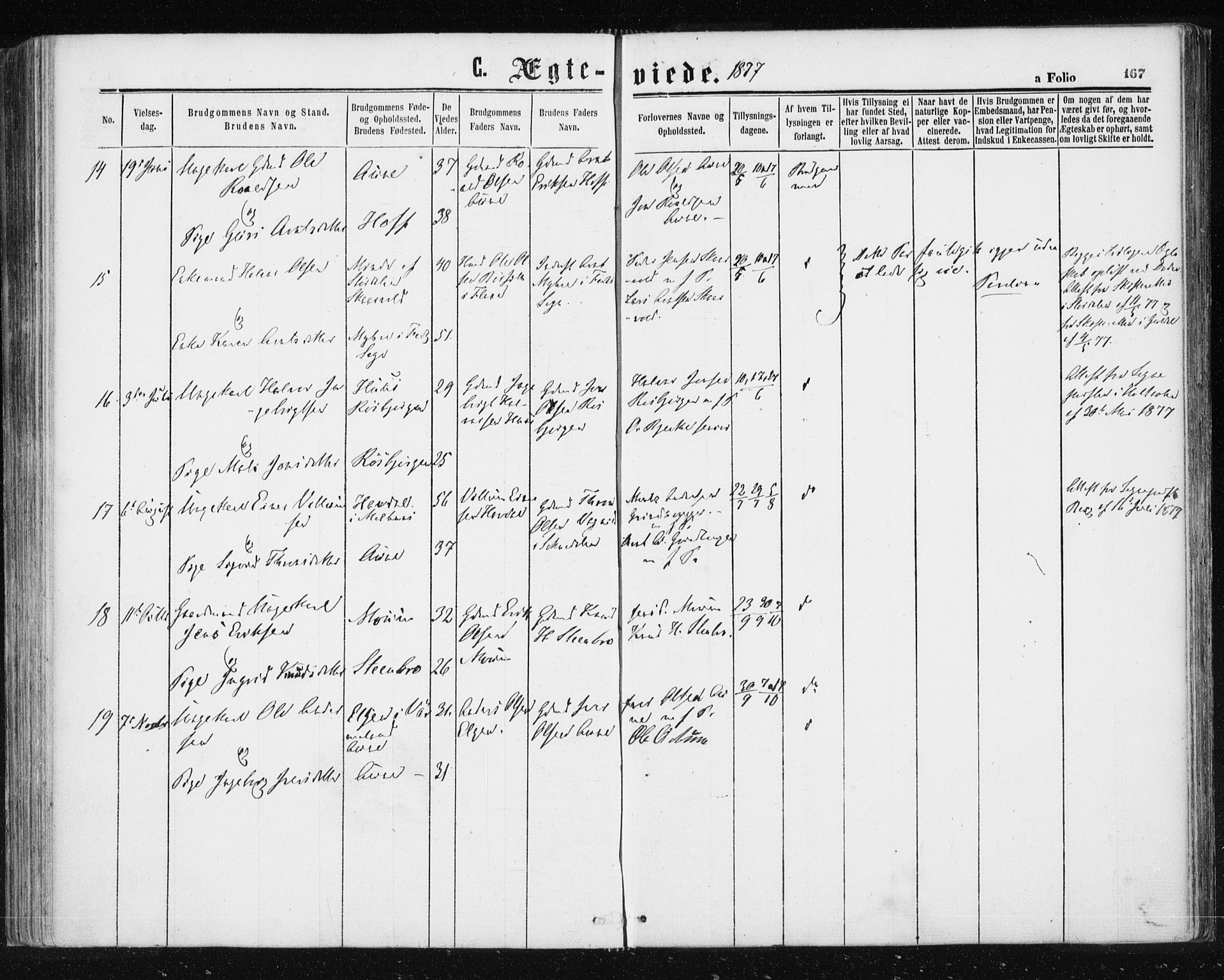 Ministerialprotokoller, klokkerbøker og fødselsregistre - Sør-Trøndelag, AV/SAT-A-1456/687/L1001: Parish register (official) no. 687A07, 1863-1878, p. 167