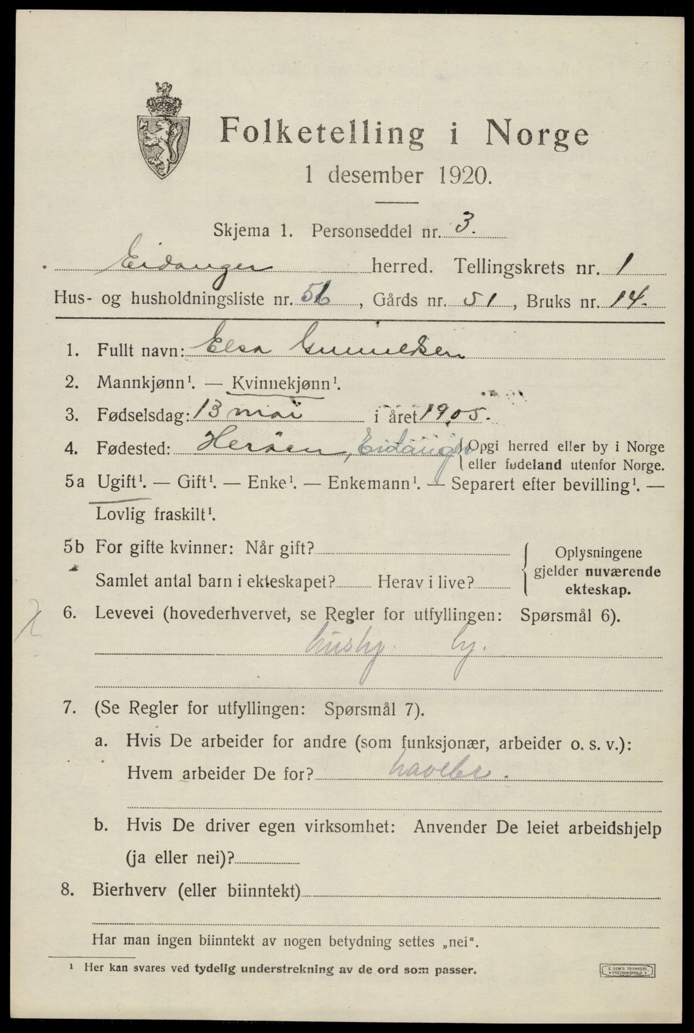 SAKO, 1920 census for Eidanger, 1920, p. 2354