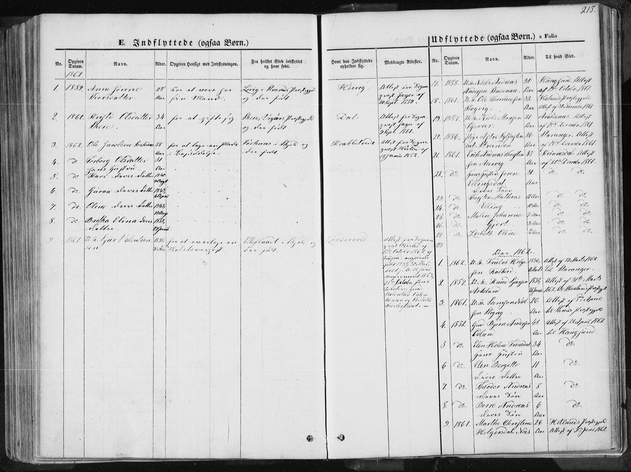 Tysvær sokneprestkontor, AV/SAST-A -101864/H/Ha/Haa/L0003: Parish register (official) no. A 3, 1856-1865, p. 215