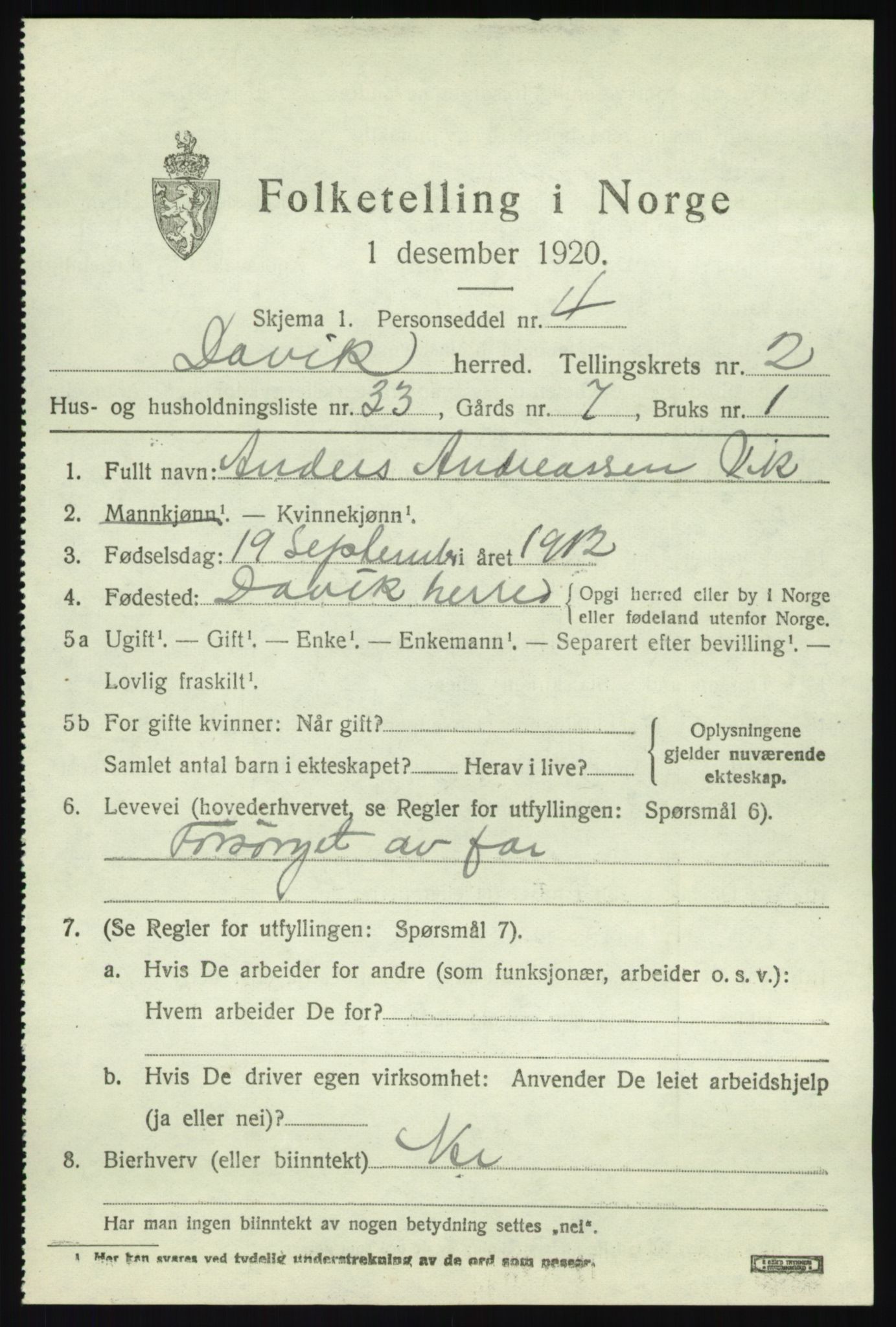 SAB, 1920 census for Davik, 1920, p. 1789