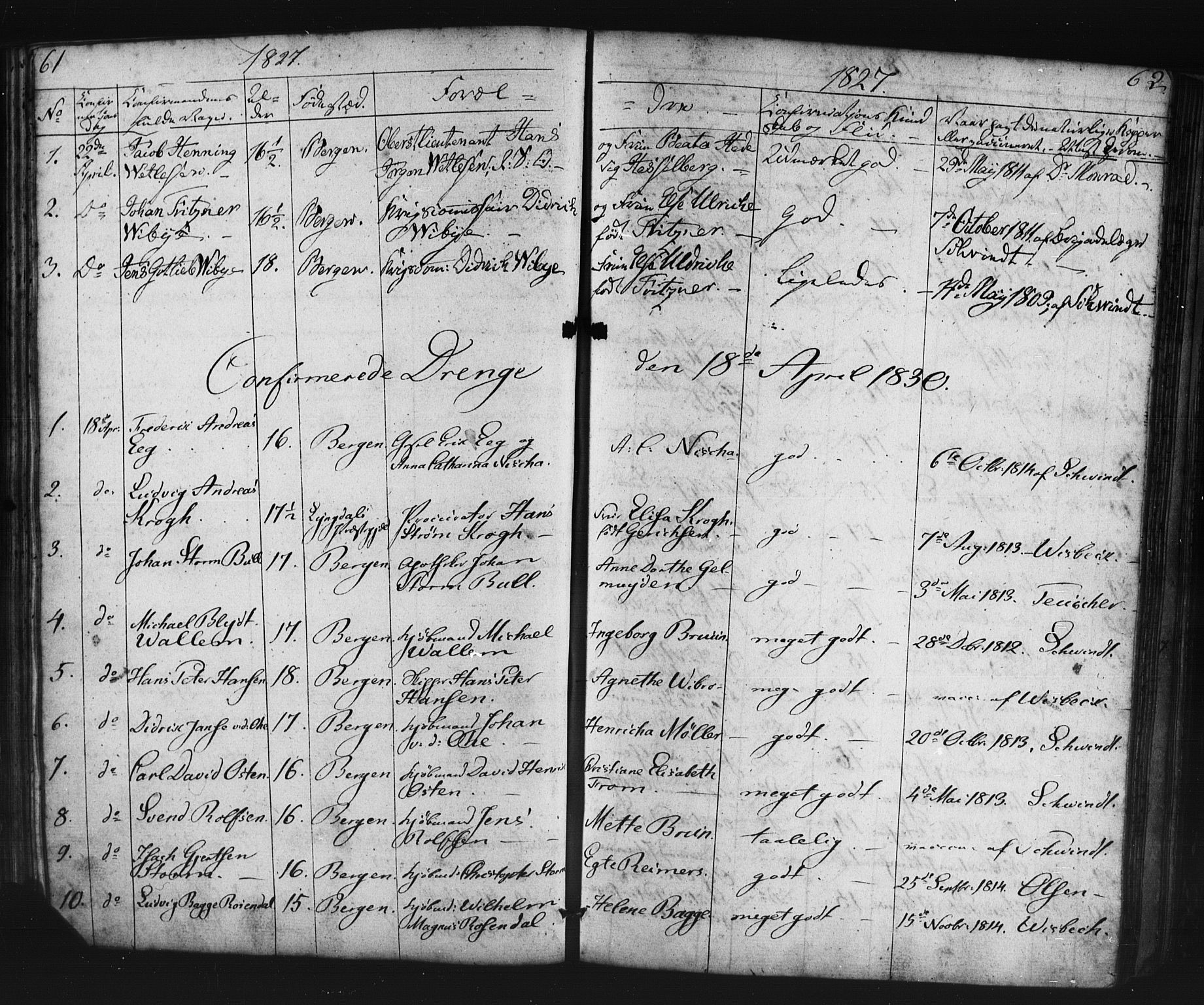 Domkirken sokneprestembete, SAB/A-74801/H/Haa/L0063: Curate's parish register no. A 1, 1821-1848, p. 61-62