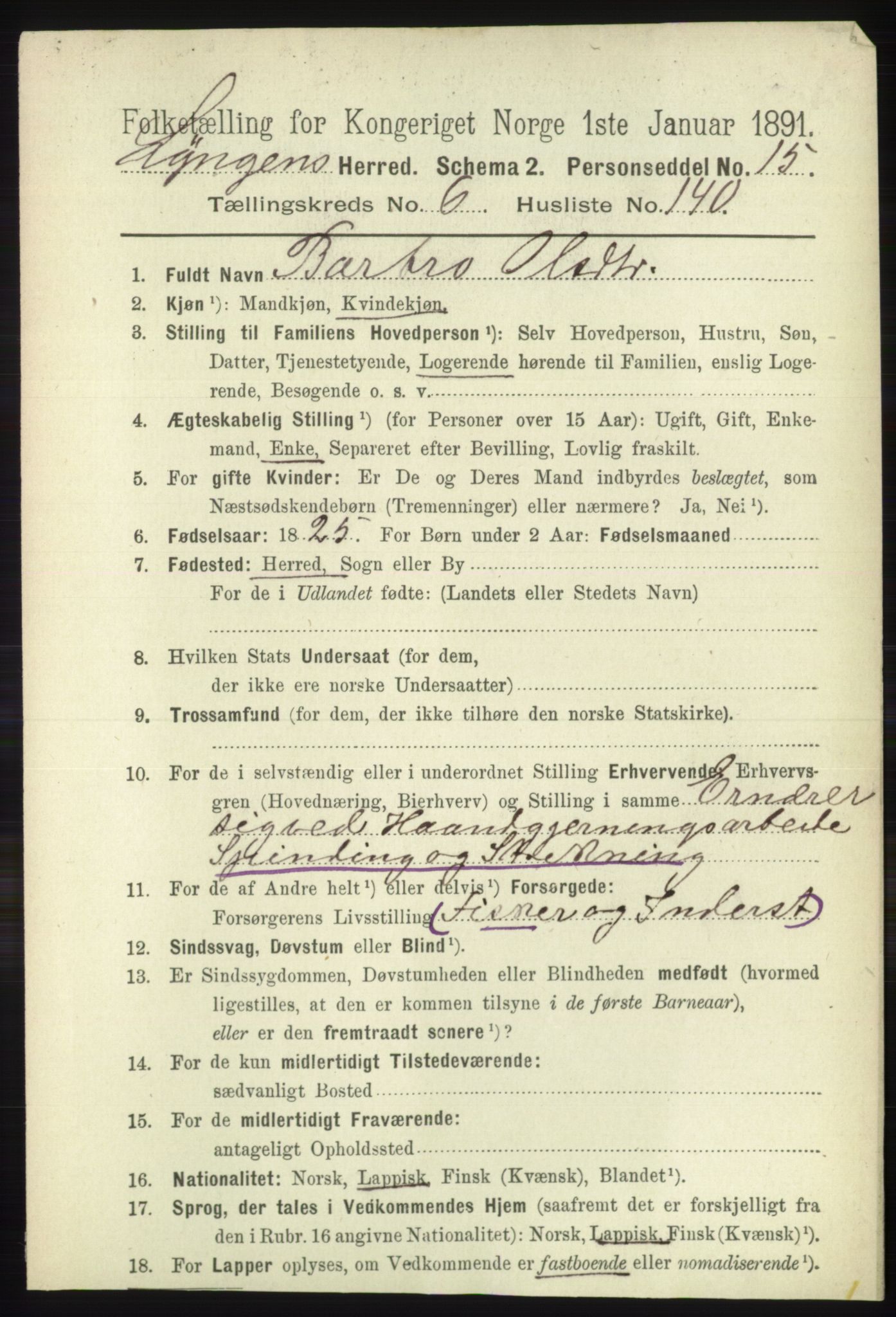 RA, 1891 census for 1938 Lyngen, 1891, p. 6244