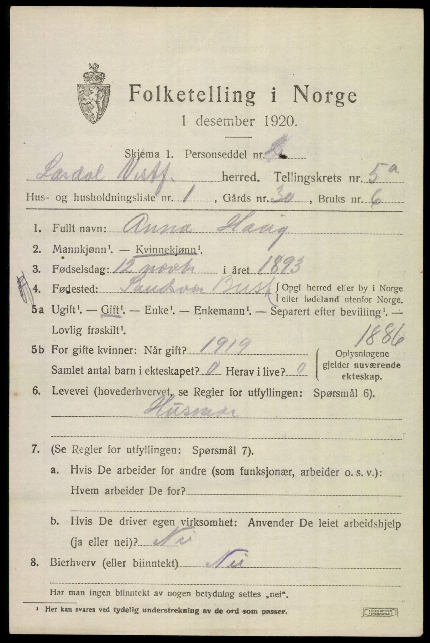 SAKO, 1920 census for Lardal, 1920, p. 4477