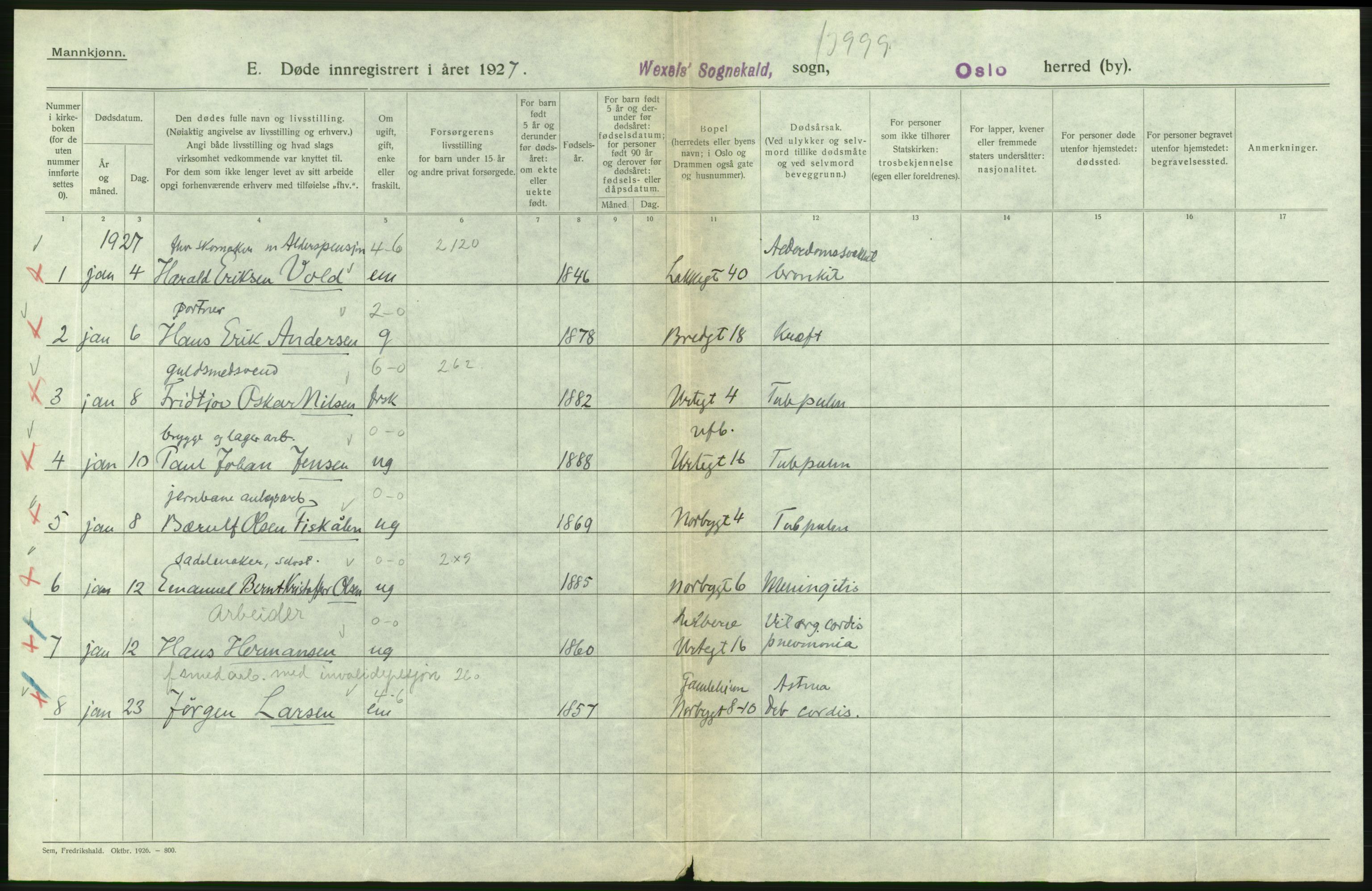 Statistisk sentralbyrå, Sosiodemografiske emner, Befolkning, RA/S-2228/D/Df/Dfc/Dfcg/L0009: Oslo: Døde menn, 1927, p. 444