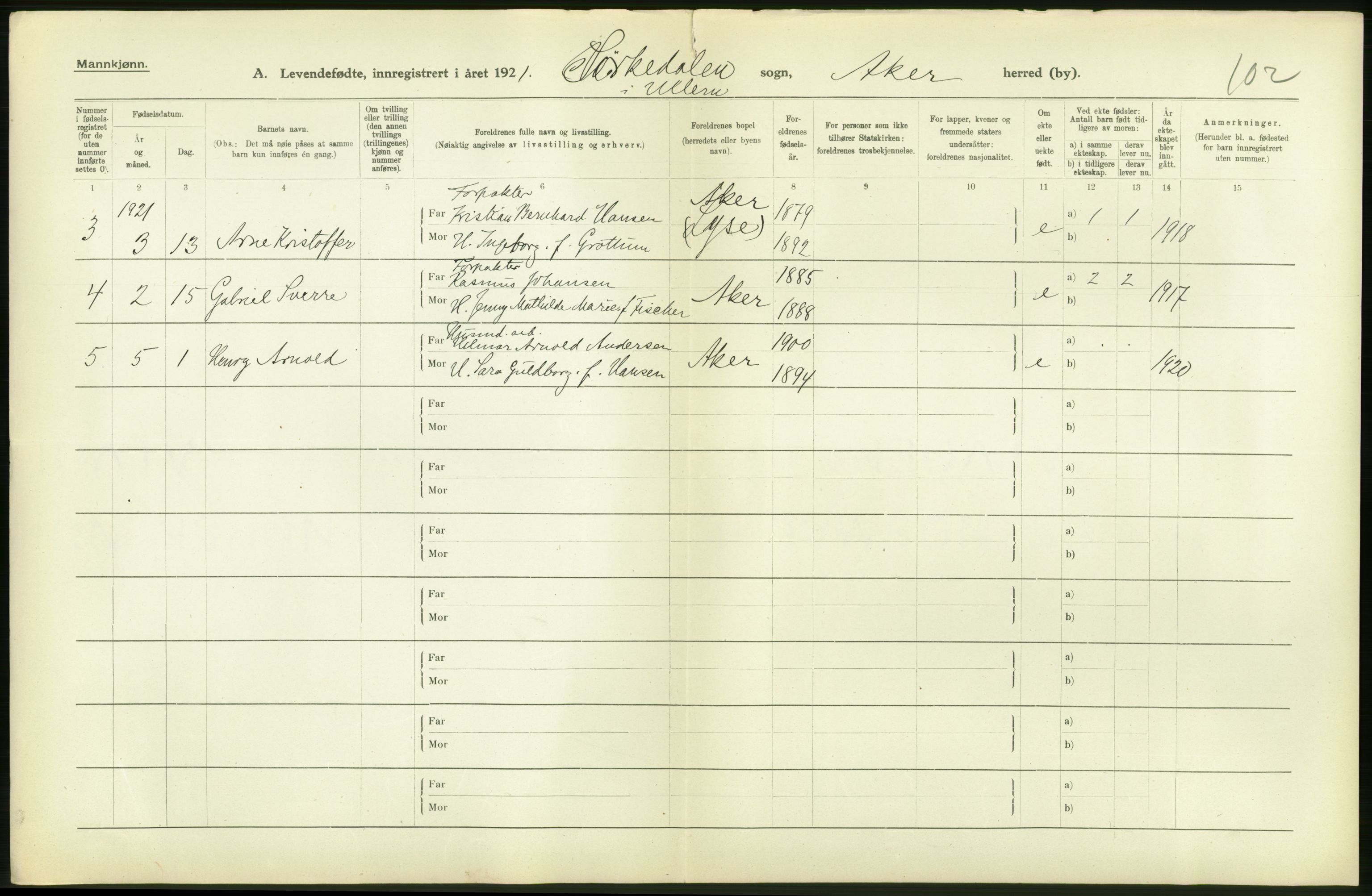 Statistisk sentralbyrå, Sosiodemografiske emner, Befolkning, AV/RA-S-2228/D/Df/Dfc/Dfca/L0004: Akershus fylke: Levendefødte menn og kvinner. Bygder., 1921, p. 34