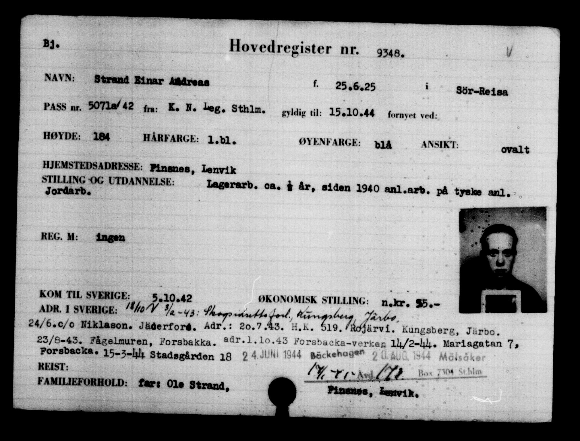 Utenriksstasjonene, Legasjonen i Stockholm, Flyktningkontoret, AV/RA-S-6753/V/Va/L0005: Kjesäterkartoteket, flyktninger med registreringsnr. 6600-9417, 1940-1945, p. 3243