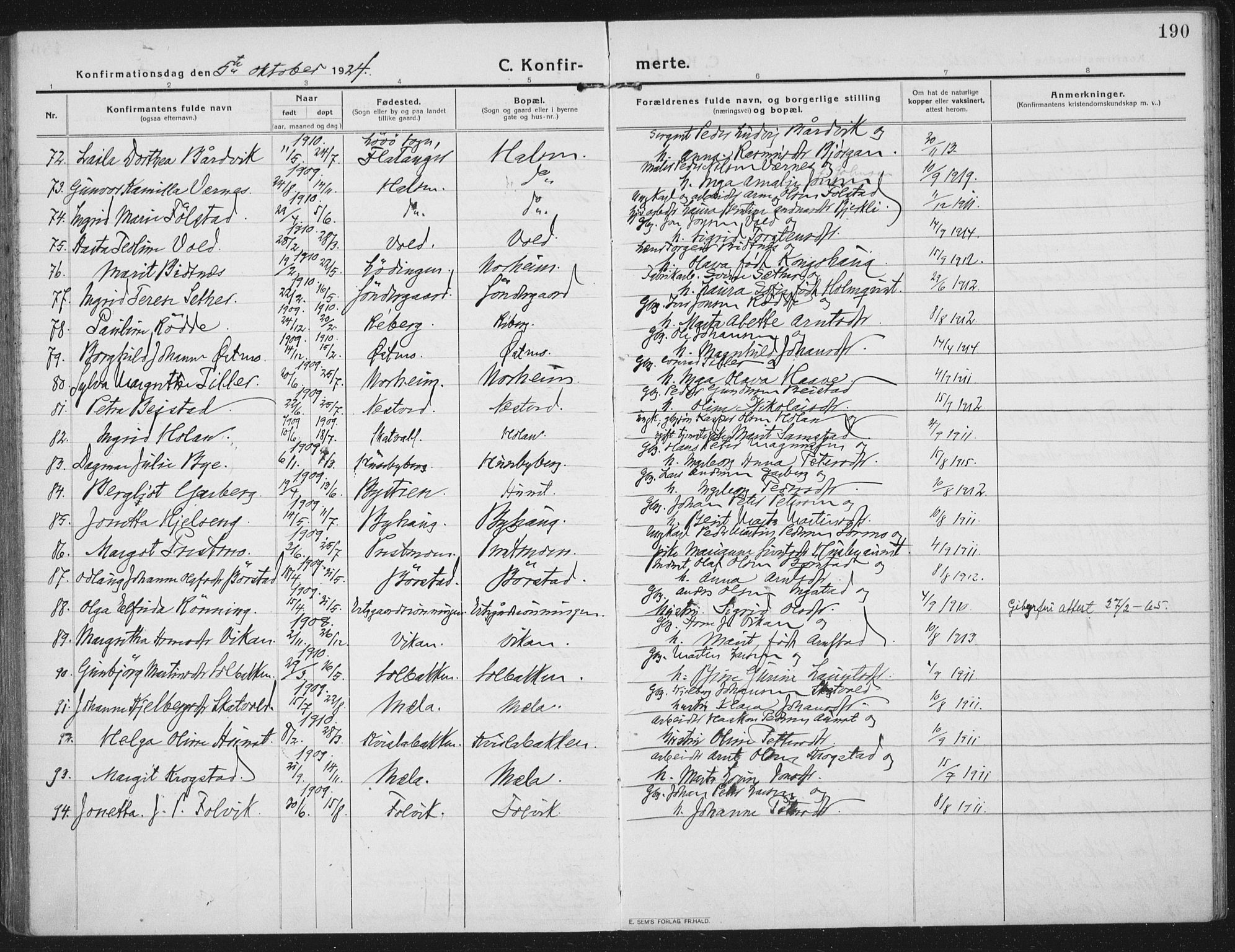 Ministerialprotokoller, klokkerbøker og fødselsregistre - Nord-Trøndelag, SAT/A-1458/709/L0083: Parish register (official) no. 709A23, 1916-1928, p. 190
