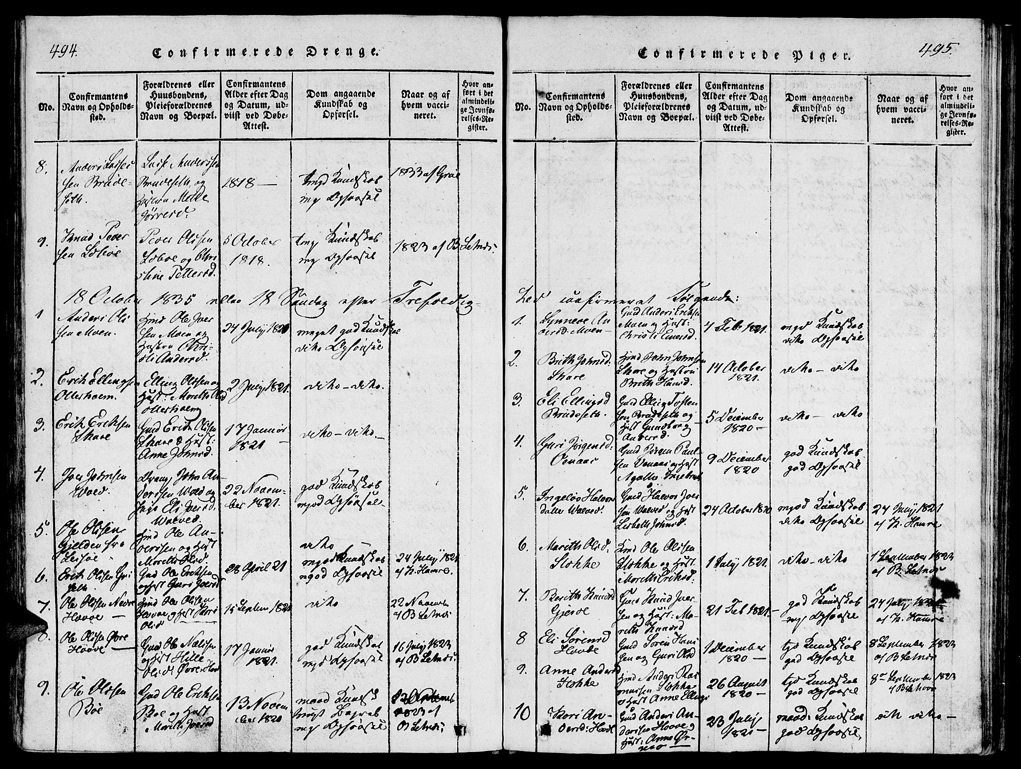 Ministerialprotokoller, klokkerbøker og fødselsregistre - Møre og Romsdal, SAT/A-1454/543/L0561: Parish register (official) no. 543A01, 1818-1853, p. 494-495