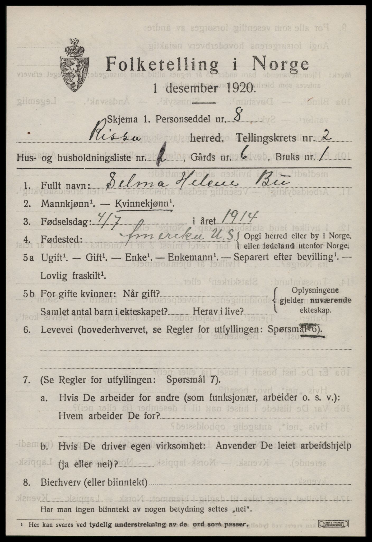 SAT, 1920 census for Rissa, 1920, p. 1625