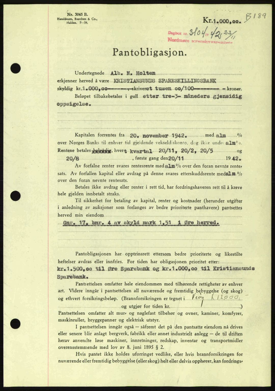 Nordmøre sorenskriveri, AV/SAT-A-4132/1/2/2Ca: Mortgage book no. B90, 1942-1943, Diary no: : 3104/1942