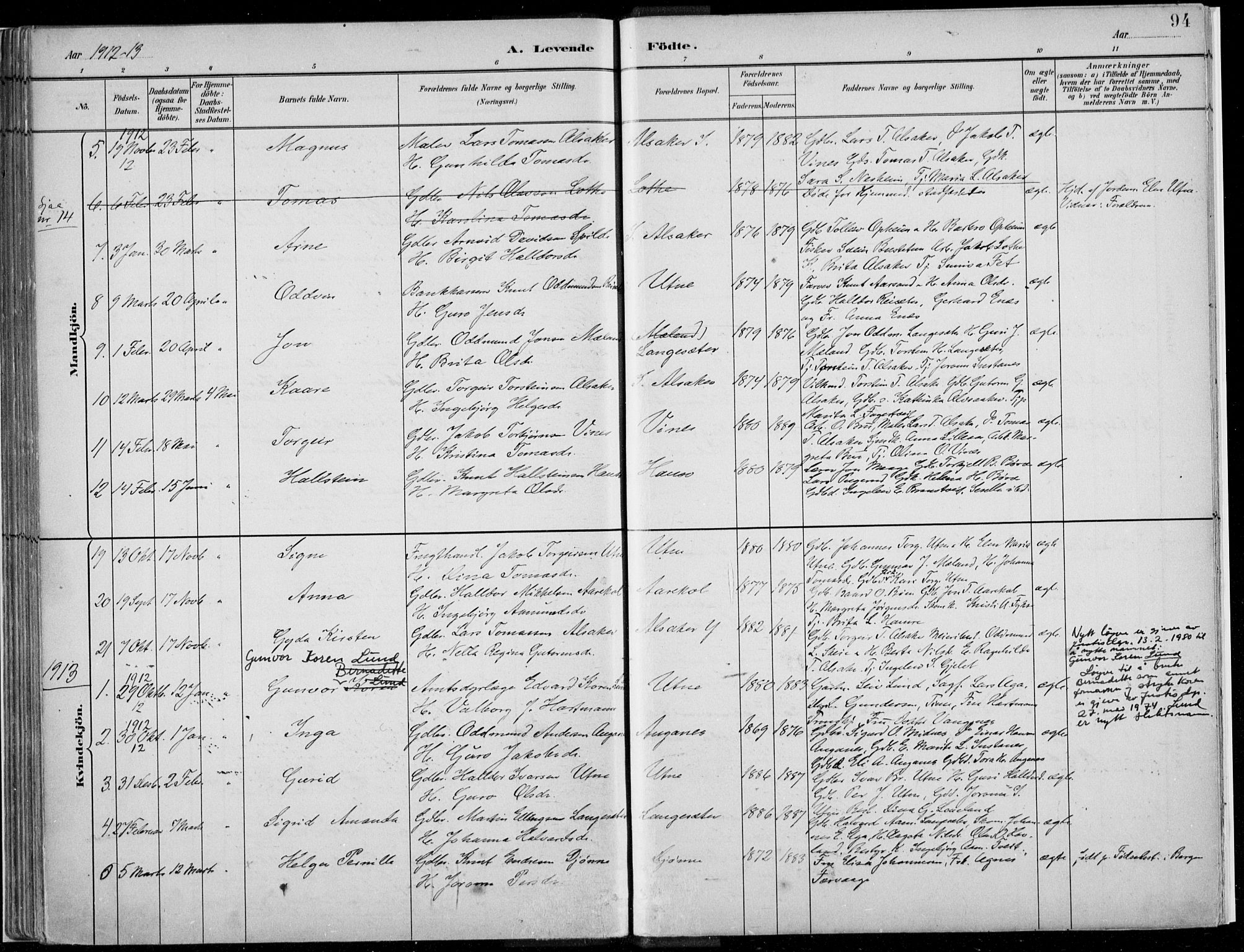 Ullensvang sokneprestembete, SAB/A-78701/H/Haa: Parish register (official) no. E  1, 1882-1921, p. 94