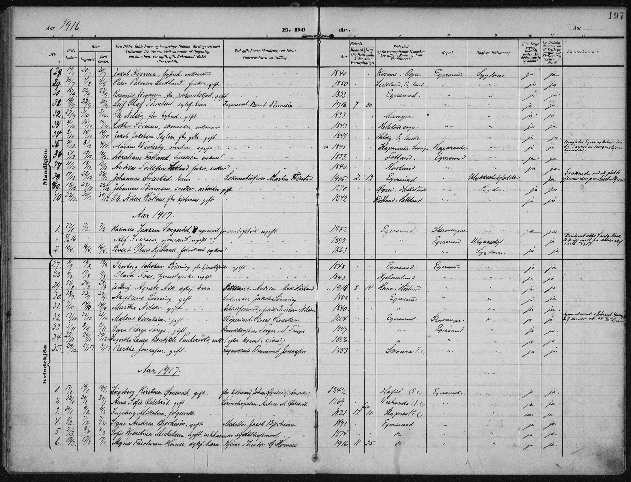 Eigersund sokneprestkontor, SAST/A-101807/S08/L0022: Parish register (official) no. A 21, 1905-1928, p. 197