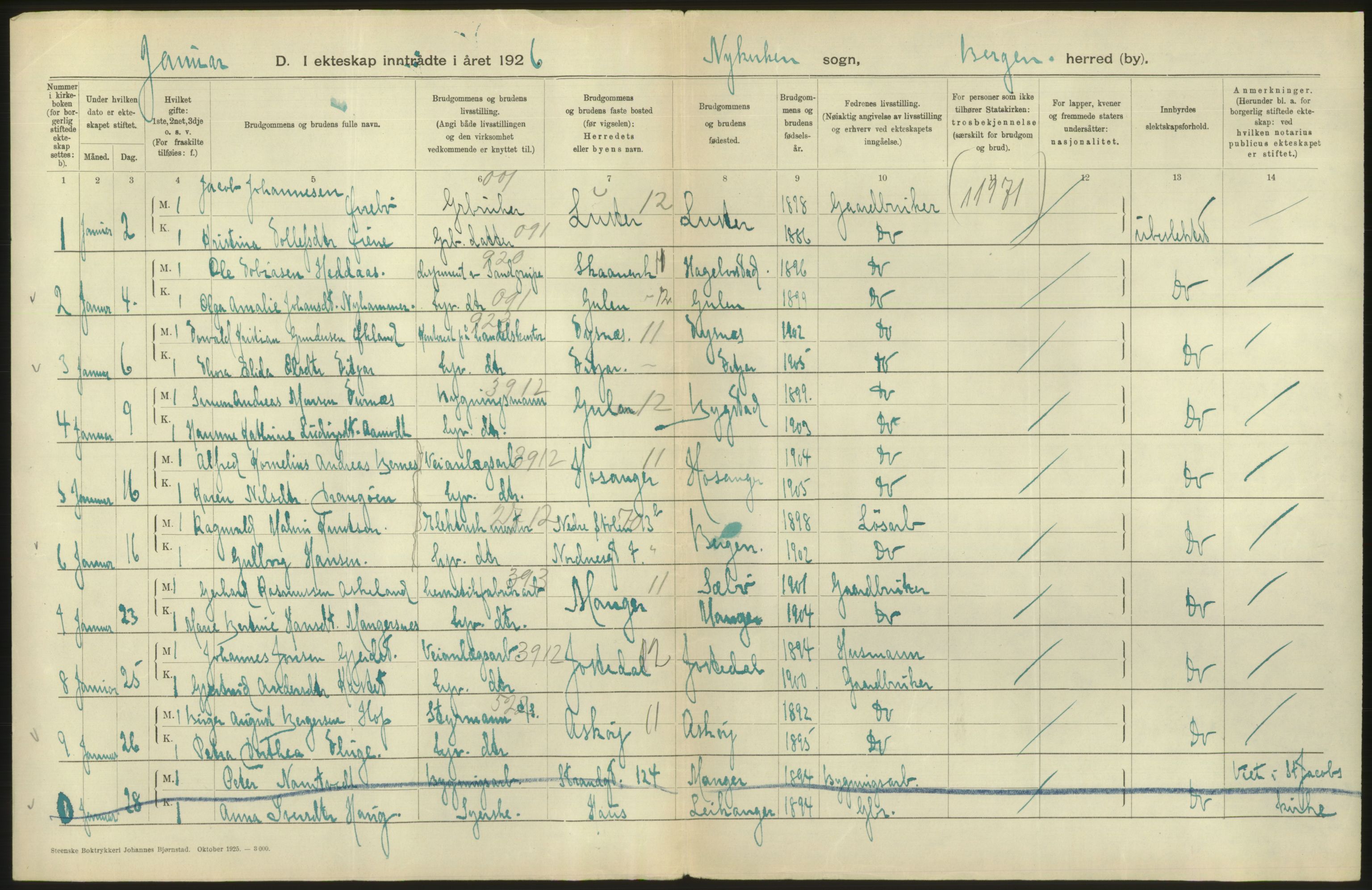 Statistisk sentralbyrå, Sosiodemografiske emner, Befolkning, RA/S-2228/D/Df/Dfc/Dfcf/L0028: Bergen: Gifte, døde, dødfødte., 1926, p. 148