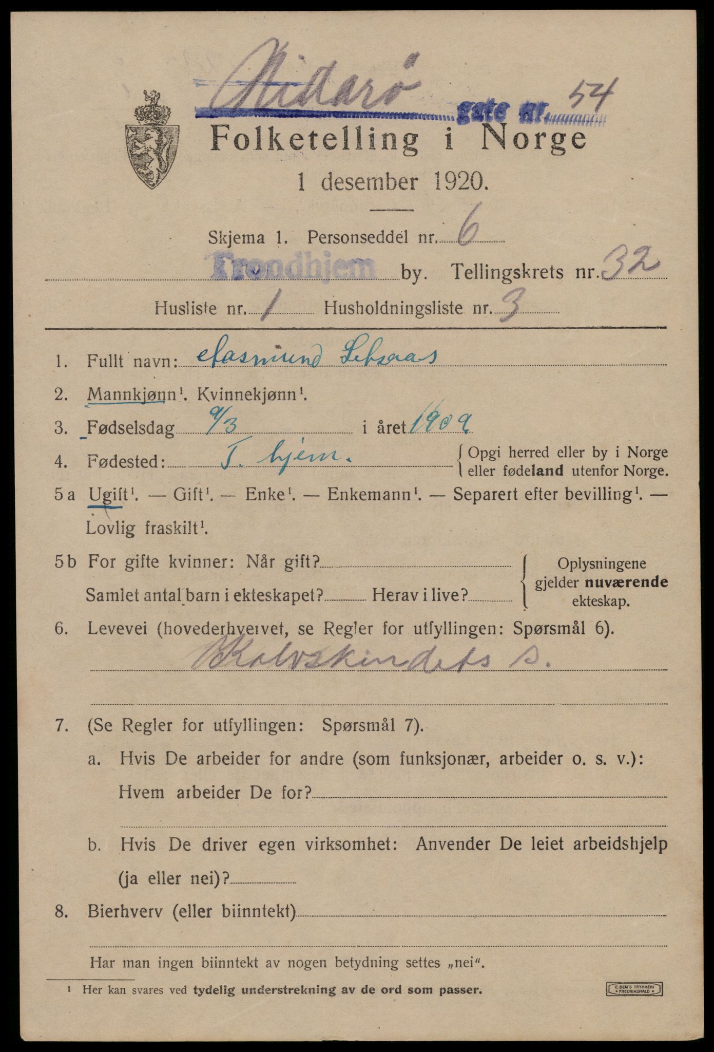 SAT, 1920 census for Trondheim, 1920, p. 77224