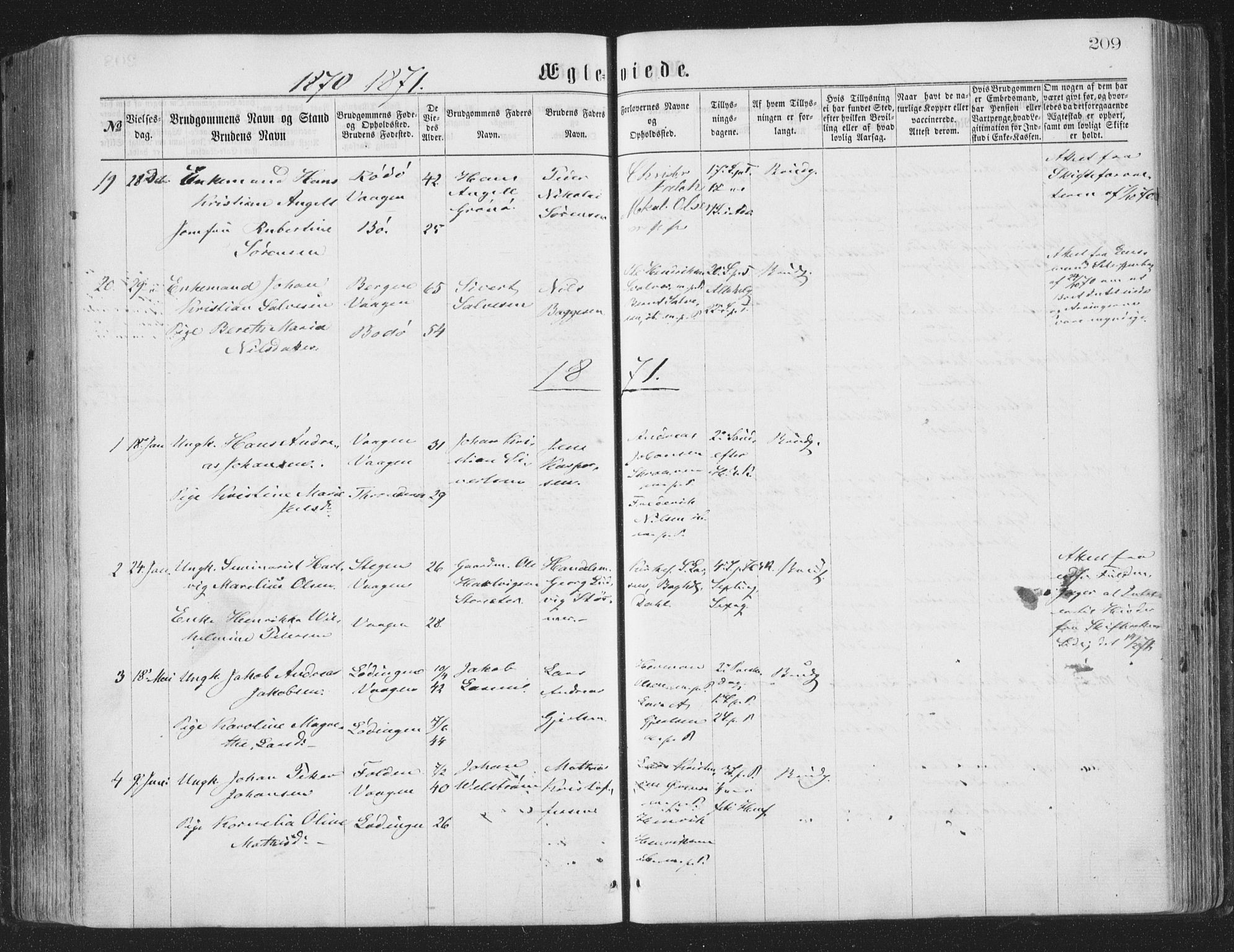 Ministerialprotokoller, klokkerbøker og fødselsregistre - Nordland, AV/SAT-A-1459/874/L1057: Parish register (official) no. 874A01, 1866-1877, p. 209