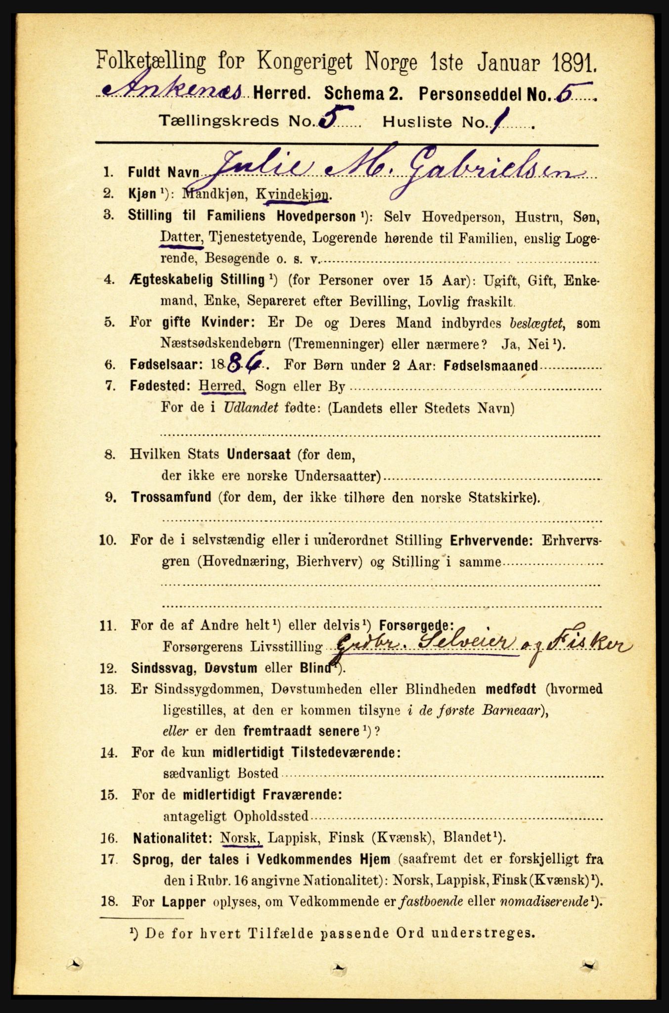 RA, 1891 census for 1855 Ankenes, 1891, p. 2748