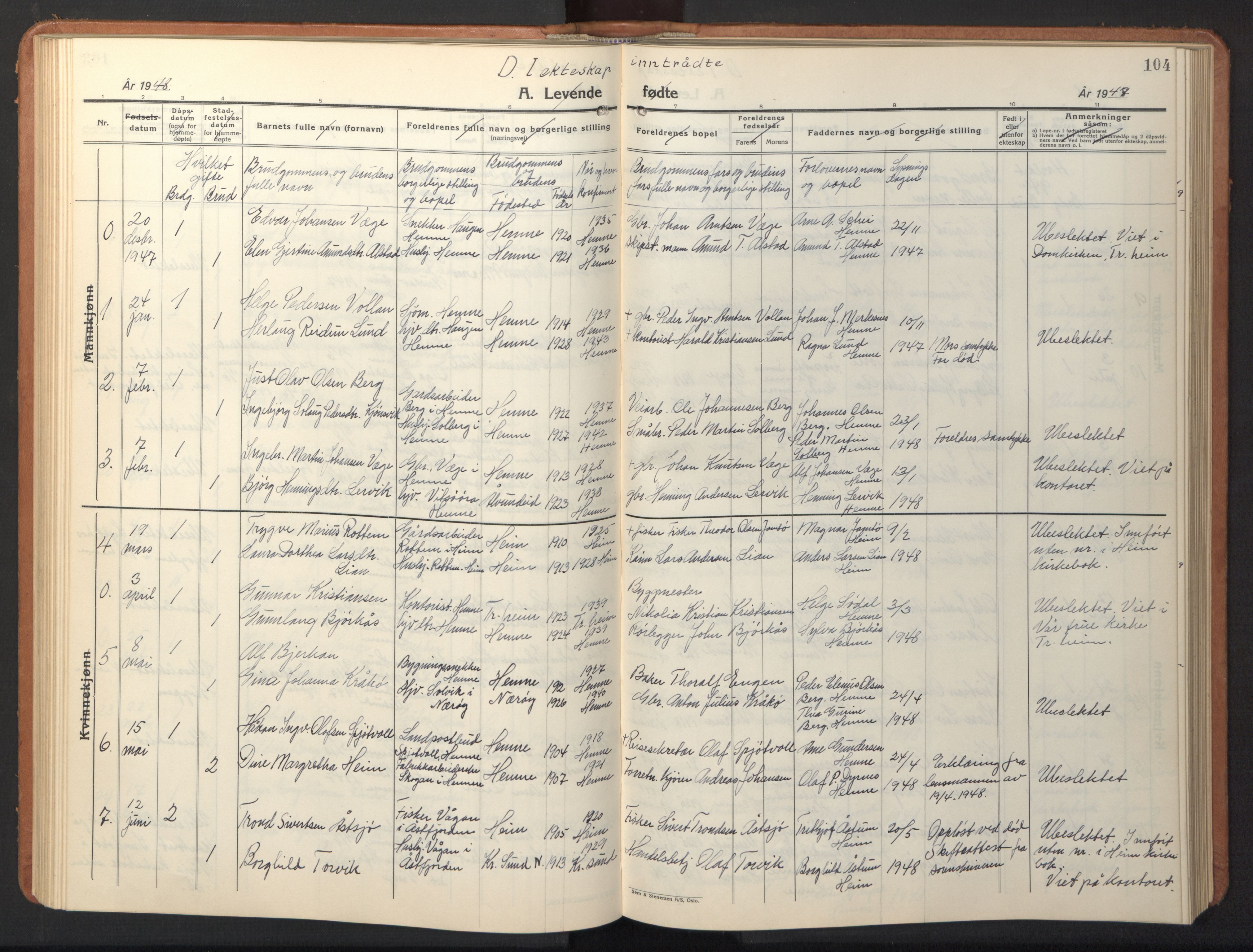 Ministerialprotokoller, klokkerbøker og fødselsregistre - Sør-Trøndelag, SAT/A-1456/630/L0508: Parish register (copy) no. 630C06, 1933-1950, p. 104