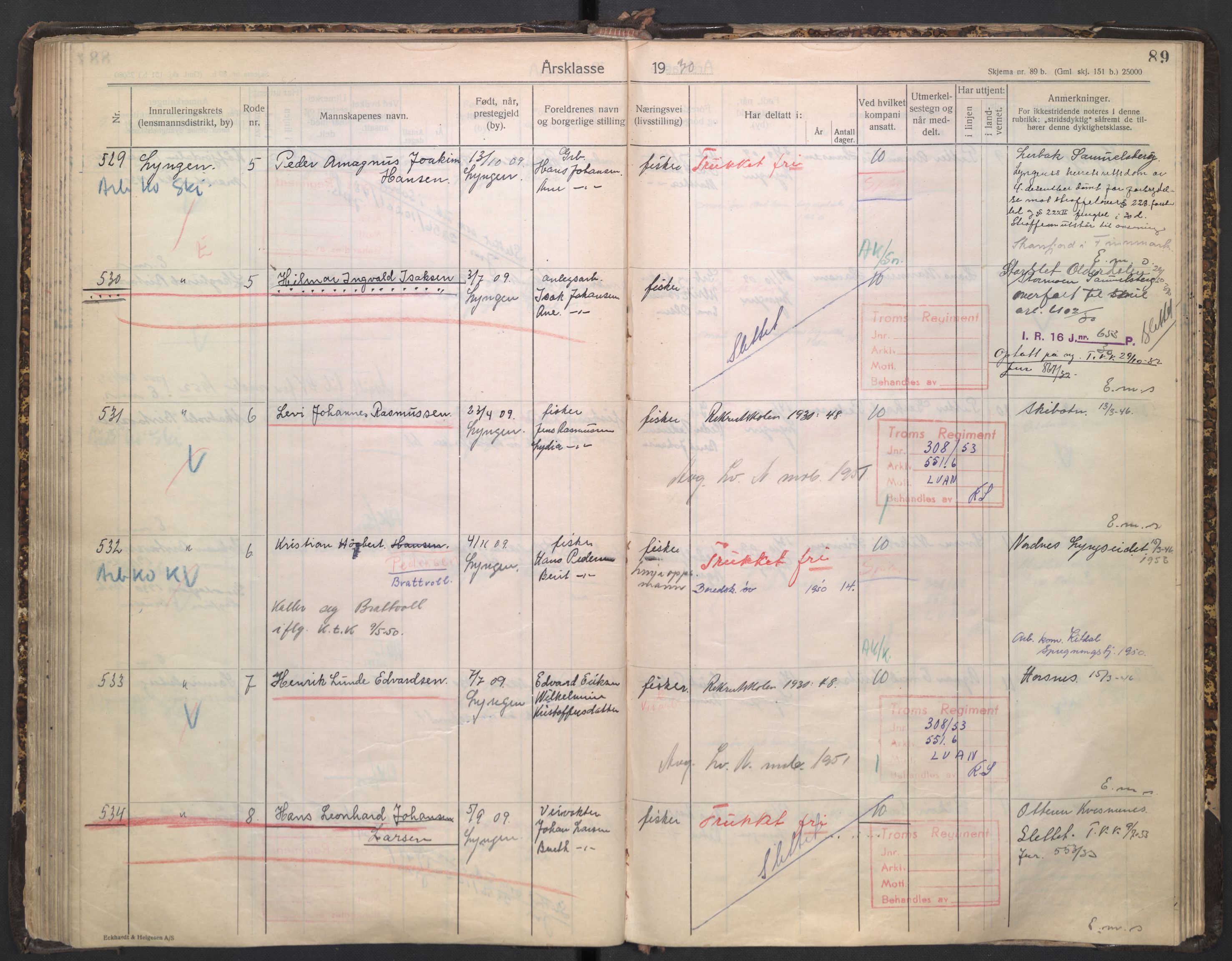 Forsvaret, Troms infanteriregiment nr. 16, AV/RA-RAFA-3146/P/Pa/L0005/0003: Ruller / Rulle for regimentets stridende menige mannskaper, årsklasse 1930, 1930, p. 89