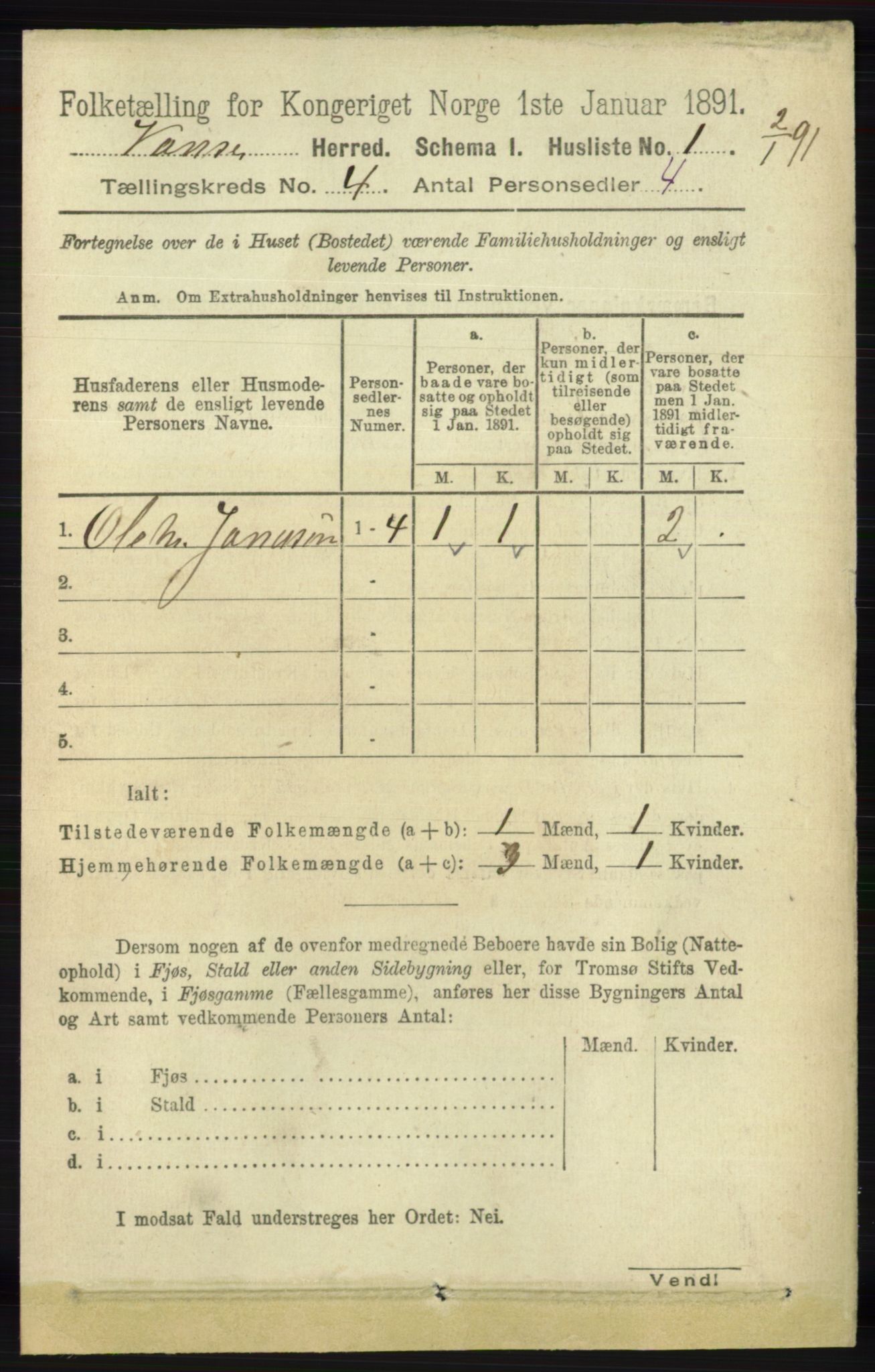 RA, 1891 census for 1041 Vanse, 1891, p. 2040